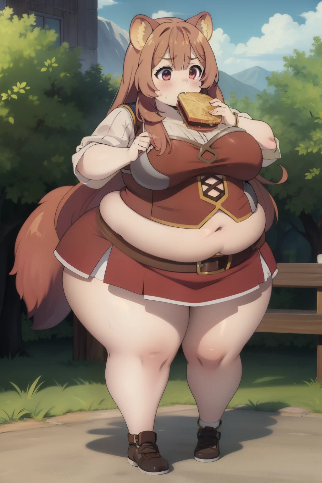 Raphtalia fat, force feed, obese, fat, fatter, round, rotund, fat clothes, overeating, stuffed raccoon, red suit, massive fat, huge fat, glutton, gluttony, gluttonous, voracious, force feeding, fat food, fat belt, buttons, belt pop, belt unbuckle, belt stuffing, obese belt, shortstackbt