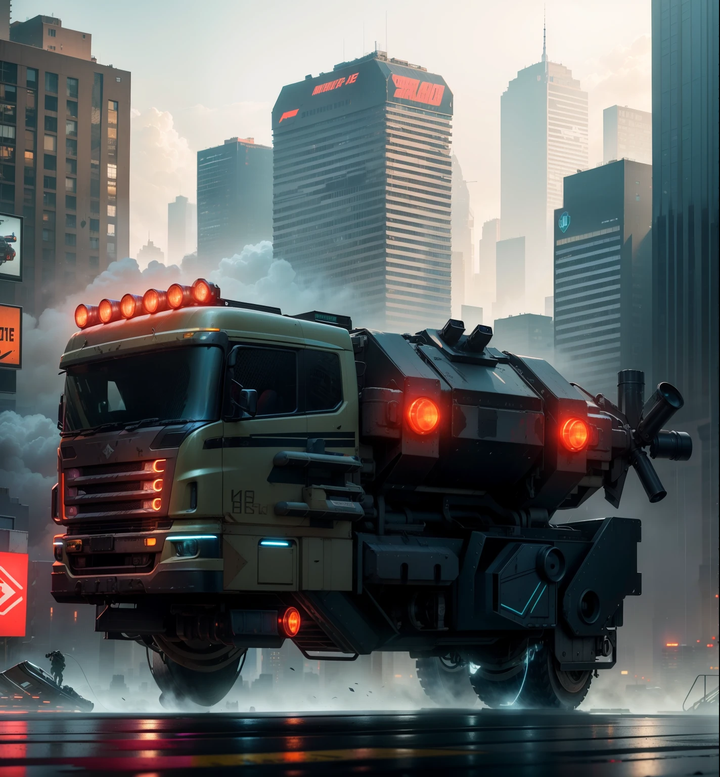 Cyberpunk New York City - Sky dominated by holographic advertisements and neon signs casting a harsh, flickering glow. Towering megastructures pierce the clouds, casting long shadows over decaying tenements below. Rain slicks the streets, reflecting the distorted cityscape in shimmering puddles. Truck: A massive, armored juggernaut of a truck. Imagine a monstrous welding of military surplus and black market tech. Mounted weaponry: Gatling guns bristle on the turret, glowing with residual heat. Missile pods flank the cab, their warheads glinting ominously. Searchlights stab through the gloom, illuminating fleeting glimpses of graffiti-laden walls and flickering neon signs advertising illegal wares. Action: The truck patrols a deserted avenue, engine growling like a hungry beast. Security drones buzz nervously around it, their red scanner lights adding to the tense atmosphere. Armed figures clad in black combat gear emerge from the shadows, their faces obscured by mirrored visors. They hunch towards the truck, a sense of urgency in their movements.
