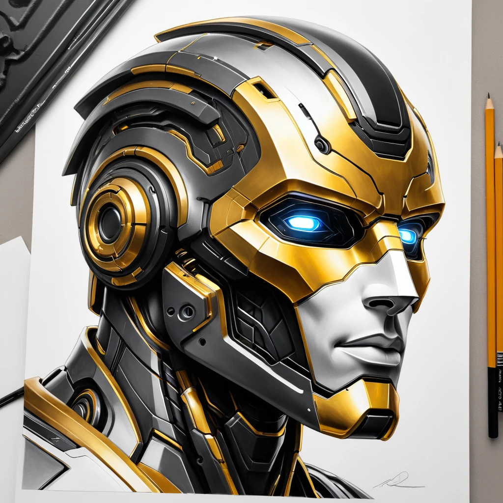 ,(character sketch:1.1),(charcoal drawing:1.2),Sketch,(pencil drawing:1.3),Charcoal painting style,Black -white-gold ,character sketch, high resolution, 1man, Solo, (Detailed face), kda,bioluminic, Black and white and gold colors galactic cybernetic mask, (abstracted, Make a sketch of a robot with high technology:1.5), Part description, SH4G0D,