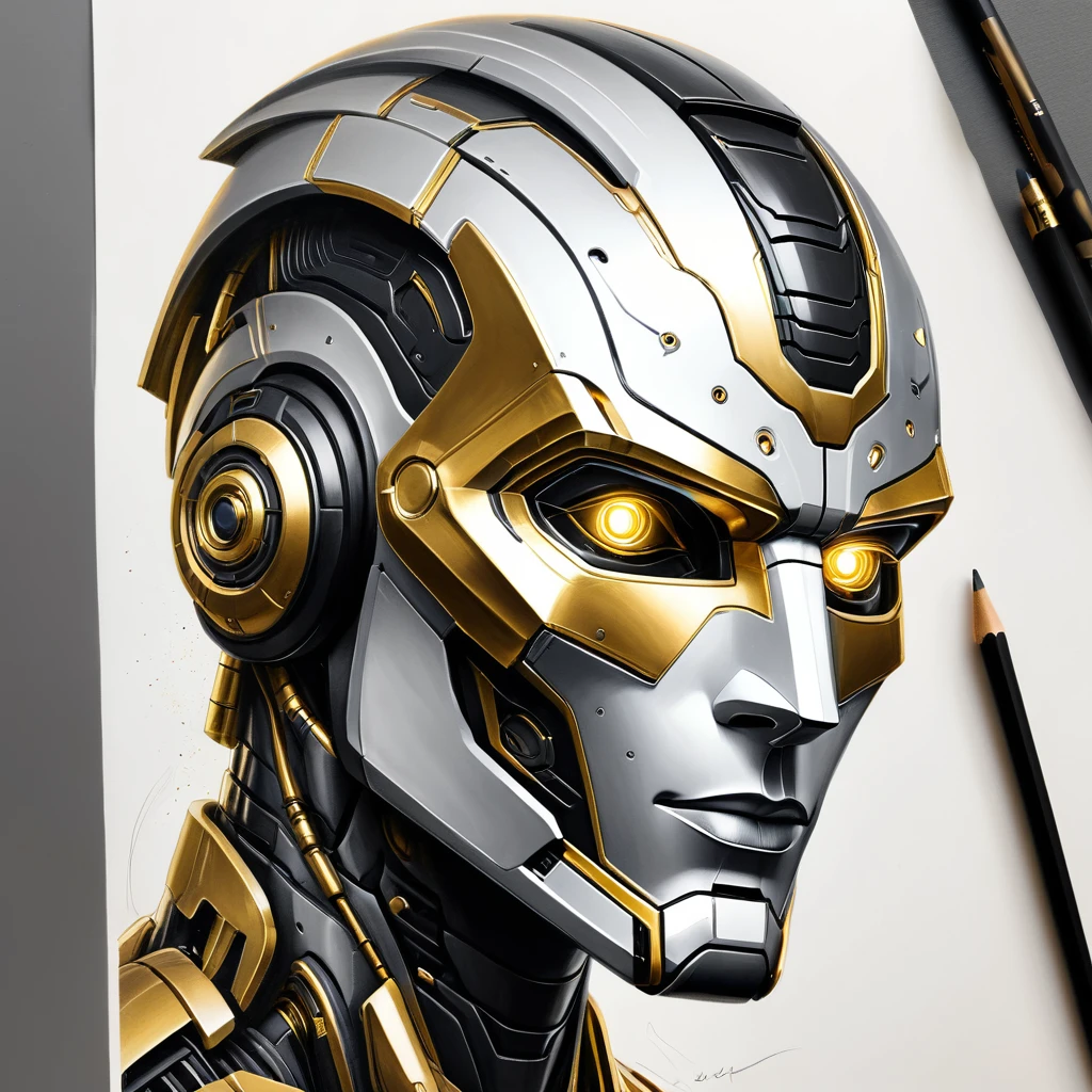 ,(character sketch:1.1),(charcoal drawing:1.2),Sketch,(pencil drawing:1.3),Charcoal painting style,Black -white-gold ,character sketch, high resolution, 1man, Solo, (Detailed face), kda,bioluminic, Black and white and gold colors galactic cybernetic mask, (abstracted, Make a sketch of a robot with high technology:1.5), Part description, SH4G0D,
