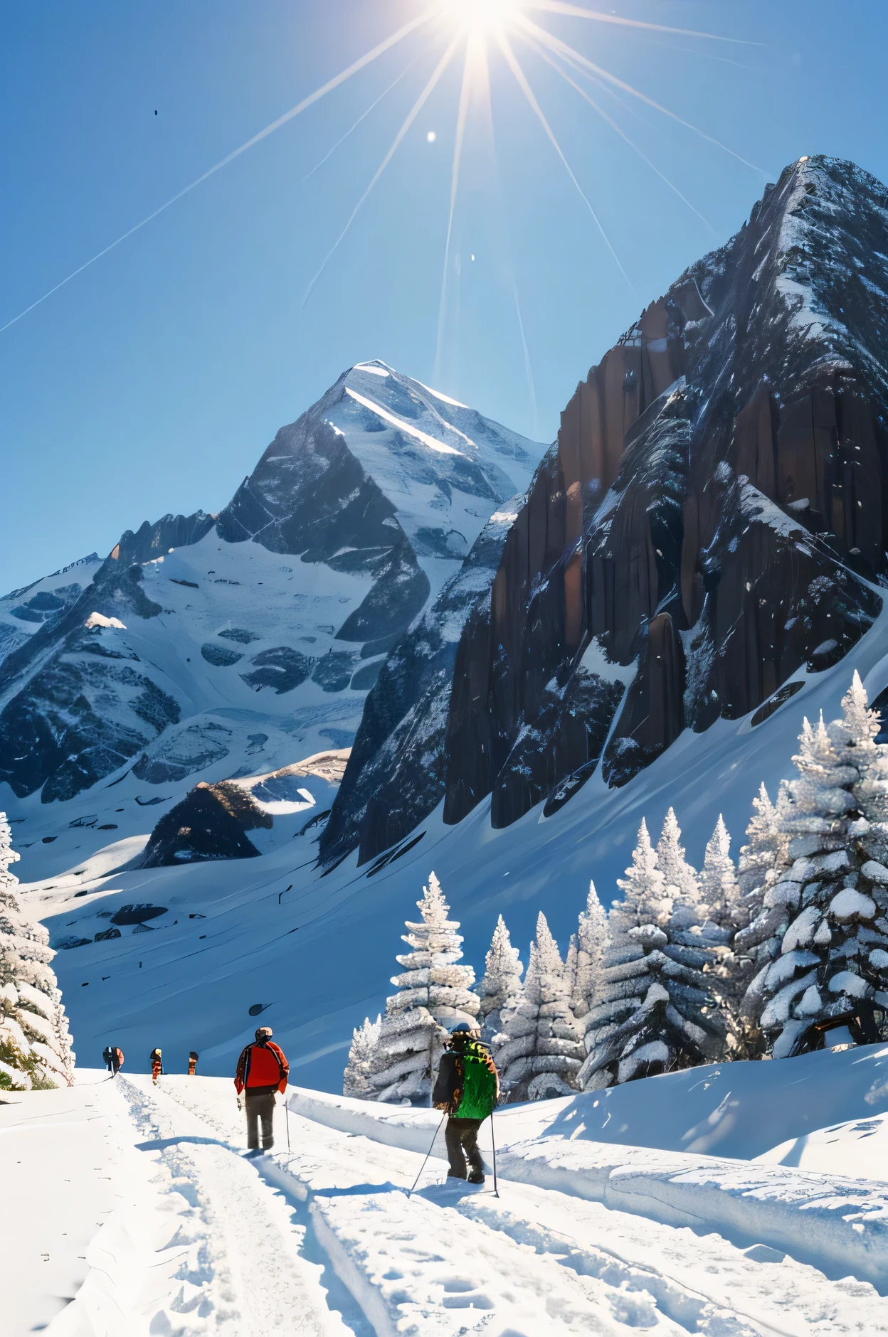 icy mountain in the background with tiny men in perspective walking with a backpack