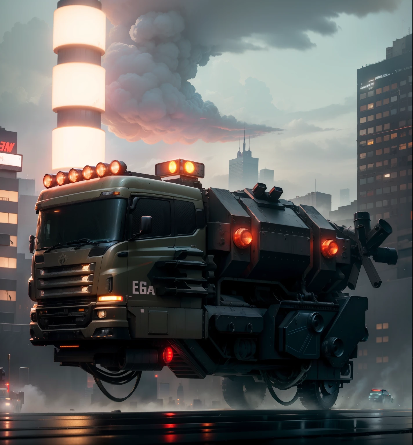 Cyberpunk New York City - Sky dominated by holographic advertisements and neon signs casting a harsh, flickering glow. Towering megastructures pierce the clouds, casting long shadows over decaying tenements below. Rain slicks the streets, reflecting the distorted cityscape in shimmering puddles. Truck: A massive, armored juggernaut of a truck. Imagine a monstrous welding of military surplus and black market tech. Mounted weaponry: Gatling guns bristle on the turret, glowing with residual heat. Missile pods flank the cab, their warheads glinting ominously. Searchlights stab through the gloom, illuminating fleeting glimpses of graffiti-laden walls and flickering neon signs advertising illegal wares. Action: The truck patrols a deserted avenue, engine growling like a hungry beast. Security drones buzz nervously around it, their red scanner lights adding to the tense atmosphere. Armed figures clad in black combat gear emerge from the shadows, their faces obscured by mirrored visors. They hunch towards the truck, a sense of urgency in their movements.