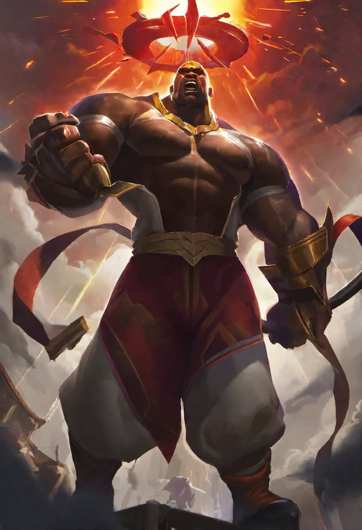 A extreme muscular, well-built black man, standing tall with an imposing presence. His skin glistens under the harsh light, showcasing defined muscles and veins. His face contorts in fury, his teeth bared and eyes narrowed to slits as he holds an iron baseball bat aloft in a powerful stance. The bat seems to glow with an inner light, adding to the dramatic effect of the scene. Behind him, there is a young man who emits a powerful red aura, indicating his intense anger and rage. This red glow surrounds him like a halo, making him appear almost otherworldly. The background is a dark, stormy sky, with flashes of lightning illuminating the scene in eerie bursts. The clouds churn and boil overhead, as if reflecting the chaos and fury that unfolds before the viewer.