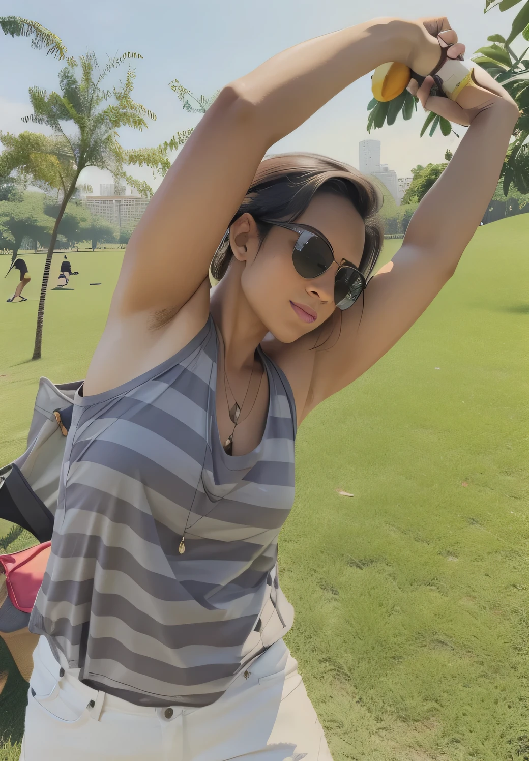 woman in sunglasses holding a banana in her hand in a park, armpit, at a park, shoulders can be seen, wearing : tanktop, with arms up, arms stretched out, at the park, in the park, in a park, wearing tanktop, photo from the back, arms extended, park in background, sweating intensely