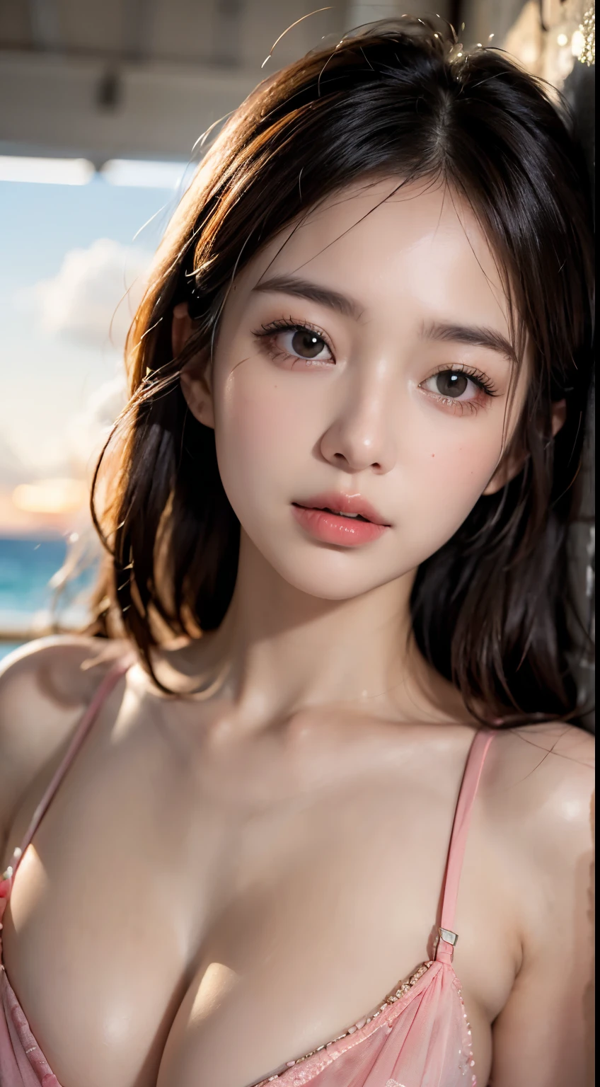 masutepiece, Best Quality, Illustration, Ultra-detailed, finely detail, hight resolution, 8K Wallpaper, Perfect dynamic composition, Beautiful detailed eyes, Wear a dress, Natural Color Lip,Beach, Random and cute poses, Kissing face,Close your eyes,Face Kiss Viewer,Perfect and beautiful face,Cute,Sexy face,Sunset,A face that felt ecstasy,Feminine face,Expression of excitement climax having sex