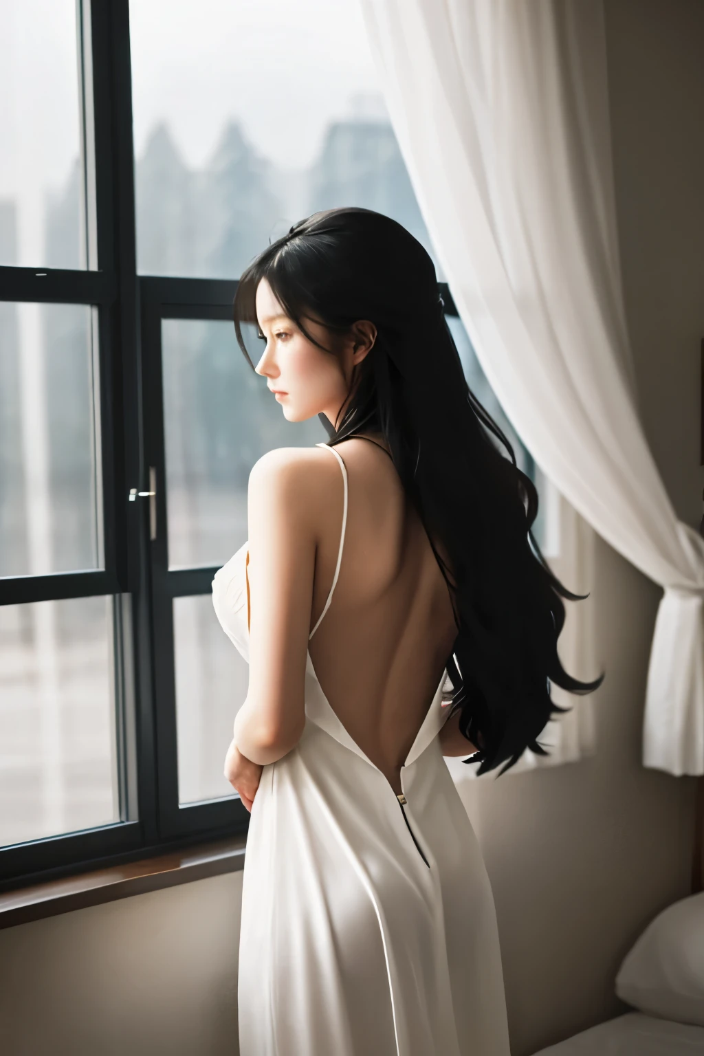 Sophisticated image of a single woman with long hair, black hair, looking out the window. caught from behind, Her elegant back is visible when she takes off her clothes. The stage is indoors, There are curtains that frame the windows.、There were traces of her dress nearby., 
