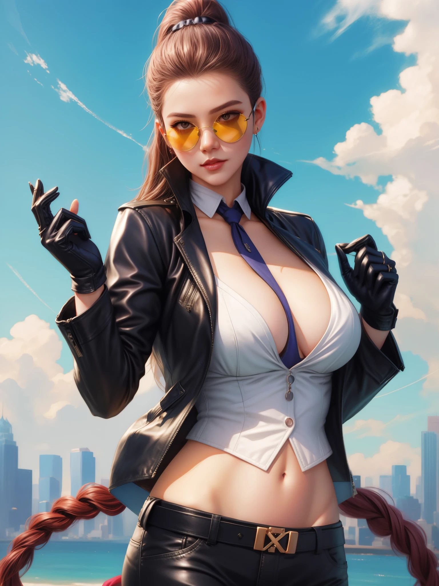 a woman in a leather jacket and sunglasses posing for a picture, style artgerm, range murata and artgerm, ig model | artgerm, extremely detailed artgerm, in the style artgerm, anya from spy x family, artgerm style, artgerm lau, cushart krenz key art feminine