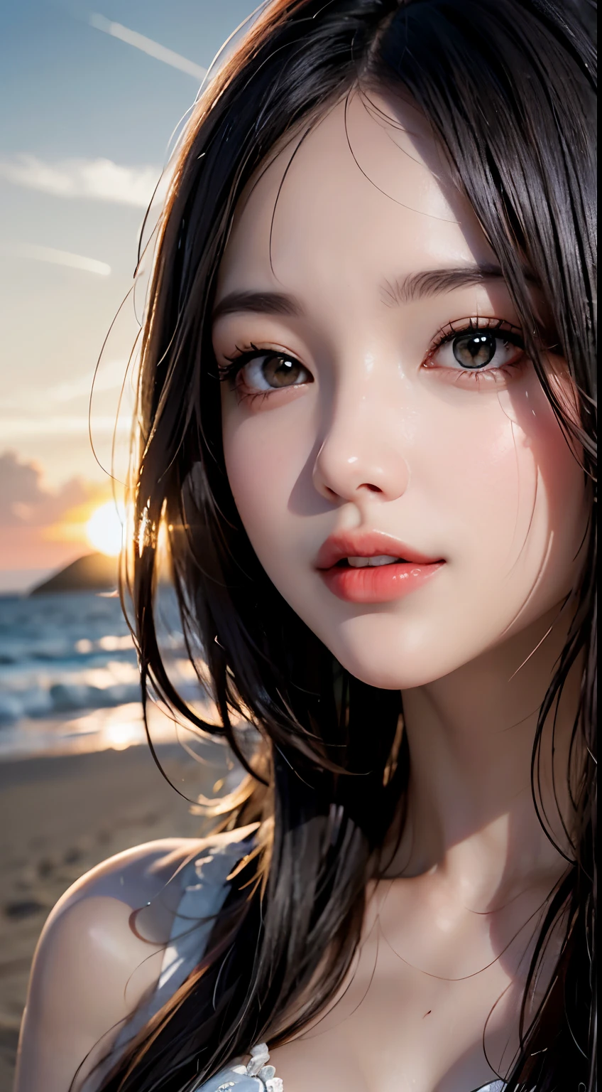 masutepiece, Best Quality, Illustration, Ultra-detailed, finely detail, hight resolution, 8K Wallpaper, Perfect dynamic composition, Beautiful detailed eyes, Wear a dress, Natural Color Lip,Beach, Random and cute poses, Kissing face,Close your eyes,Face Kiss Viewer,Perfect and beautiful face,Cute,Sexy face,Sunset,A face that felt ecstasy,Feminine face,Expression of excitement climax having sex