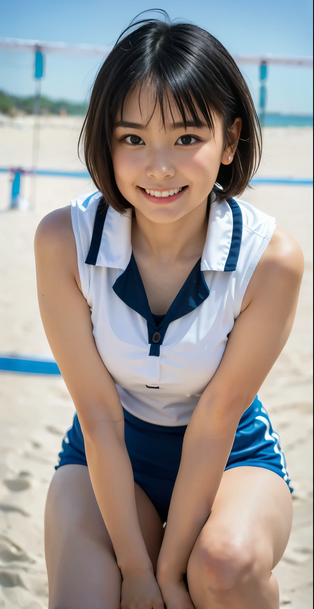 （8k、Raw photography、highest quality、masterpiece：1.2),(black haired、very short hair:1.8),(twin mitsu braid:1.4)、show viewer,Looking at the front,erotic,white skin,(she is wearing a beach volleyball uniform。.:1.7)、()、(Clothing that emphasizes the shape of your chest、Clothing with a lot of exposed skin:1.8)、(big breasts :1.4)、slim body shape、ultra high resolution,beautiful,beautiful fece,(alone、no background:1.9),whole bodyボディー,japanese woman,（Photoreal：1.37）、photon mapping,reality、(Baby-faced and cute: 1.0)、(cute smile: 1.7)、(With a round face: 1.7)、radio city、Physically based rendering、depth of field rally background、photograph, (I can see your knees、close up of thighs:1.7),whole body、super fine