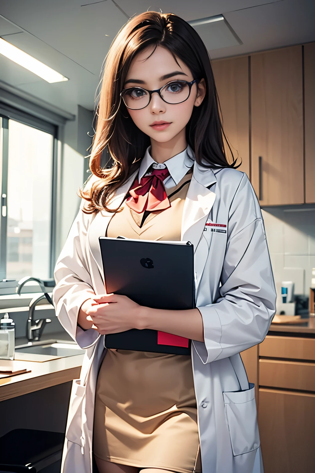araffe nurse in a lab coat holding a folder of paper, doctor, (doctor), wearing lab coat and a blouse, amouranth, better known as amouranth, with a lab coat, young beautiful amouranth, wearing lab coat and glasses, nurse girl, perfect human female specimen, medical doctor, amouranth as a super villain