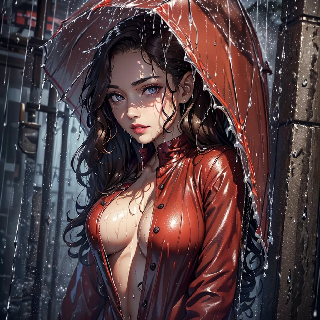 (Best quality, 4K, tmasterpiece :1.Beutiful women, 1 Sister, (, attractive body :1.2), Abs :1.1, dark brown hair: 1.1,  curly hair, (rainy wet, wet from rain, Soaked :1.2), The face very detailed, detailred lips, detailed eyes, double eyelid, red clothing. smirk.