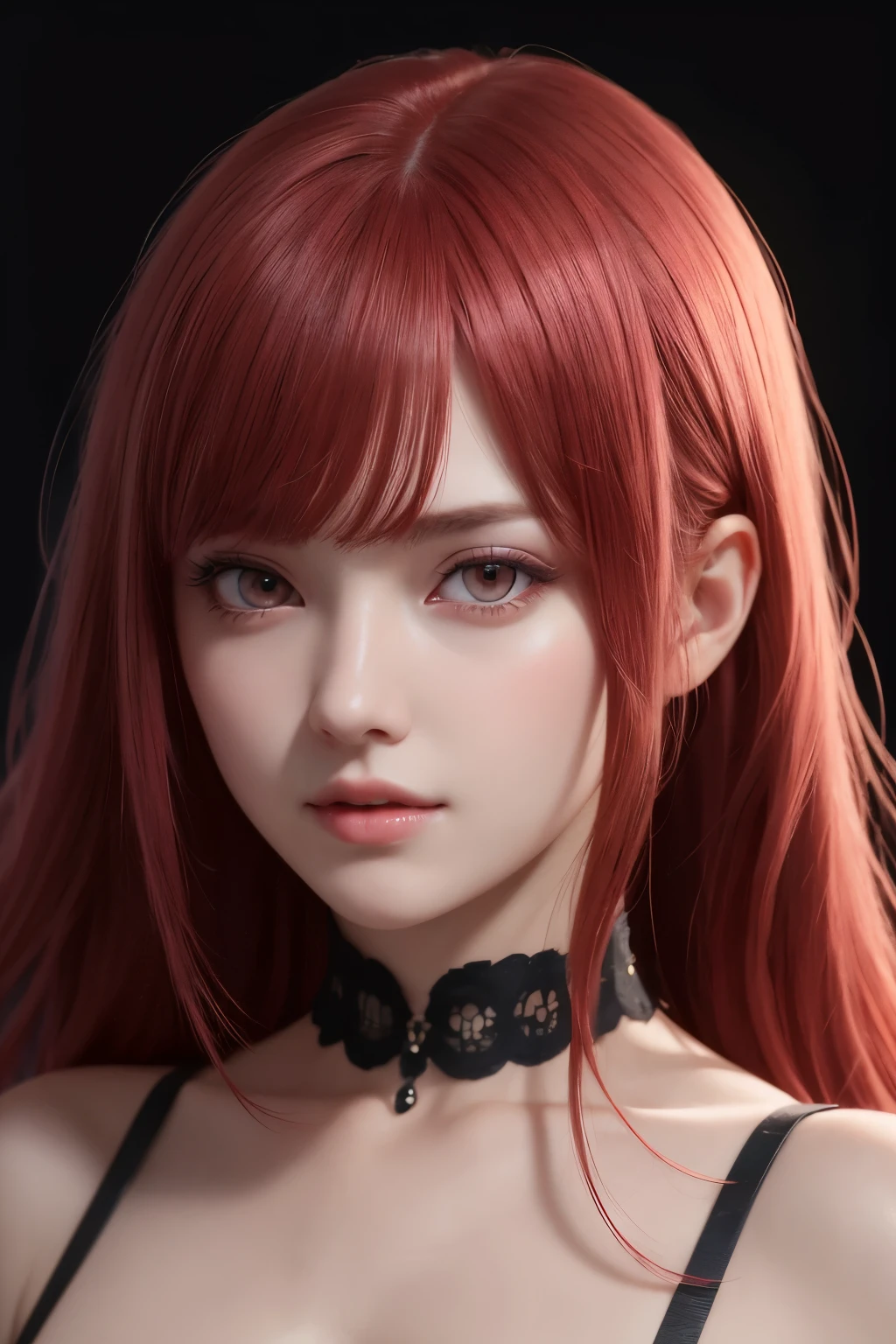 1girl, star eye, blush, perfect illumination, red hair, red eyes, unreal engine, sidelighting, detailed face, bangs, bright skin, simple background, dark background,