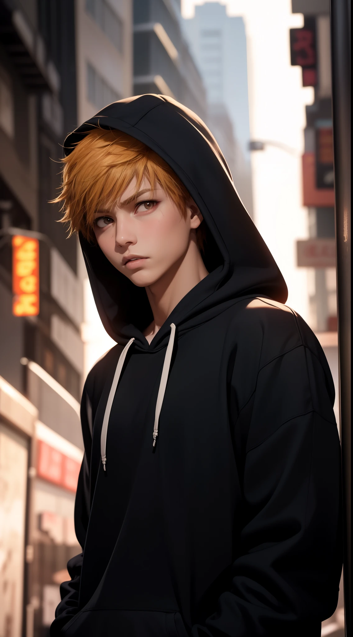 masterpiece, best quality, high quality, 1boy, solo, male focus, looking at viewer, upper body, kurosaki_ichigo, wearing Streetwear Hoodie, dinamic lighting, blurry background