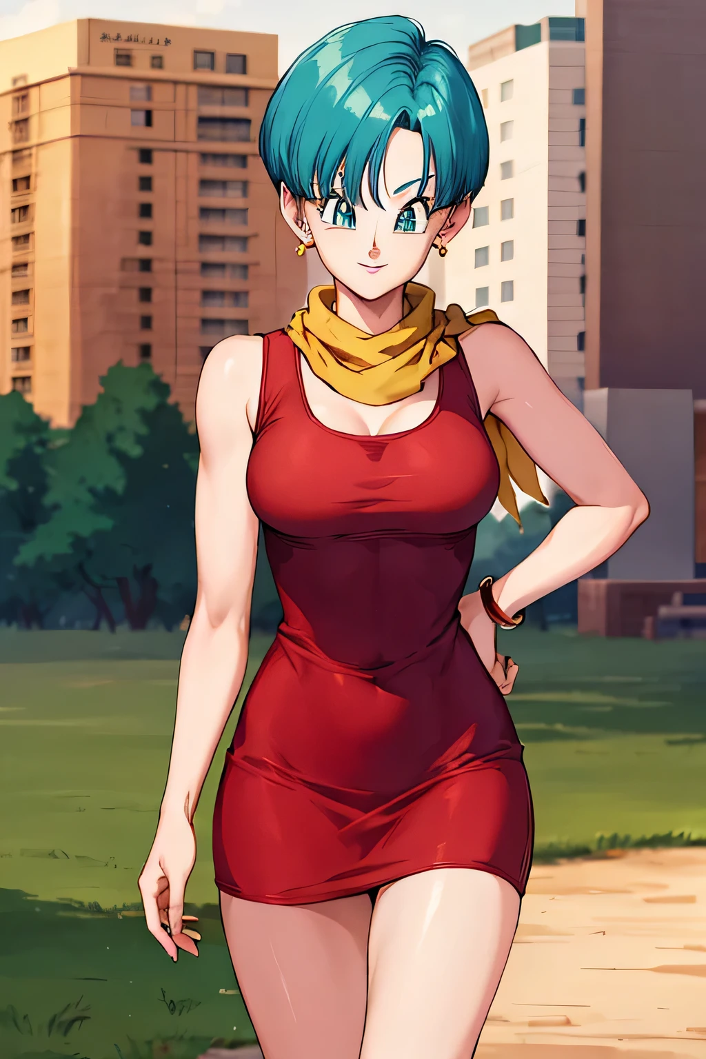 masterpiece, highest quality, High resolution, Dragon Ball, bloom short, aqua hair, very short hair, earrings, jewelry, red dress, medium breasts, yellow scarf, short dress, sleeveless, outdoors, smile, cowboy shot, walk, Remains, building