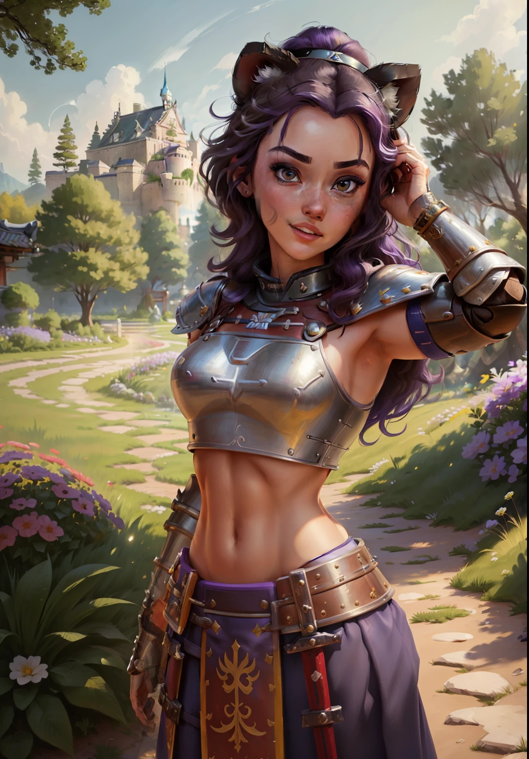 (BelleWaifu:1), (knight's armor:0.3), the garden in the background, surprised, cute, cute pose, (flirting), looking at the viewer, (square hairstyle), (purple hair), (metal knight crop top on naked body in the style of samurai:1.3), :D, (realistic: 1), (cartoon), (masterpiece: 1.2), (best quality), (over-detailed), (8k, 4k, intricate), (full-length shot: 1), (cowboy shot: 1.2), (85mm), light particles, lighting, (very detailed: 1.2), (detailed face: 1), (gradients), sfw, colorful, (detailed eyes: 1.2), (detailed landscape, trees, garden, castle:1.2),(detailed background), detailed landscape, (dynamic angle:1.2), (dynamic pose:1.2), (rule third_composition:1.3), (line of action:1.2), wide view, daylight, solo