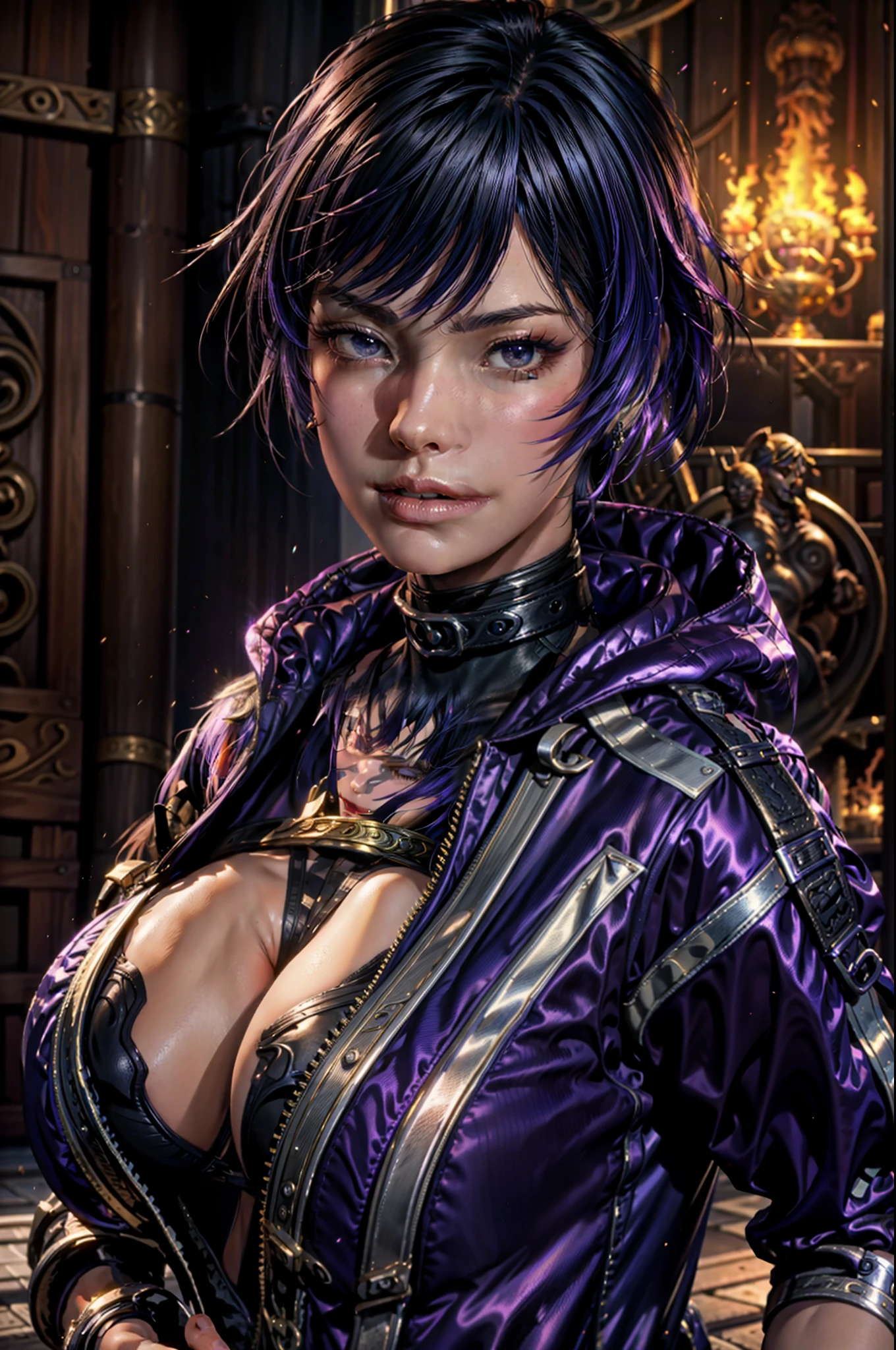 a woman in a purple and black outfit posing for a picture, as a character in tekken, character from king of fighters, dead or alive 6, inspired by Leng Mei, game cg, 8k artgerm bokeh, katana zero video game character, fighting game character, cinematic bust shot, portrait ninja gaiden girl