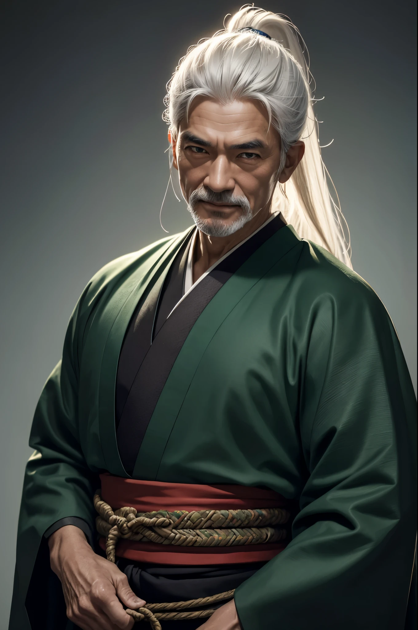8K,Wearing a green and black Japanese kimono、白いひげを生やしたmuscular slim bodyの老人男性, style sacristy water, tie long white hair back,close-up character portrait,  low length,muscular slim body,Violent and strongly cracked abdominal muscles, Stanley Artgerm Rau, wearing old samurai clothes, masterpiece,Photorealistic RAW photos of the highest quality。bright colors,rich colors, Backlight, cinematic lighting, film grain, to be born, 50mm lens, Nikon D850,detailed character art,fantasy art,ultra high resolution,super realistic skin,perfect hand shape,wasteland,smile,Old Man(80 years old),