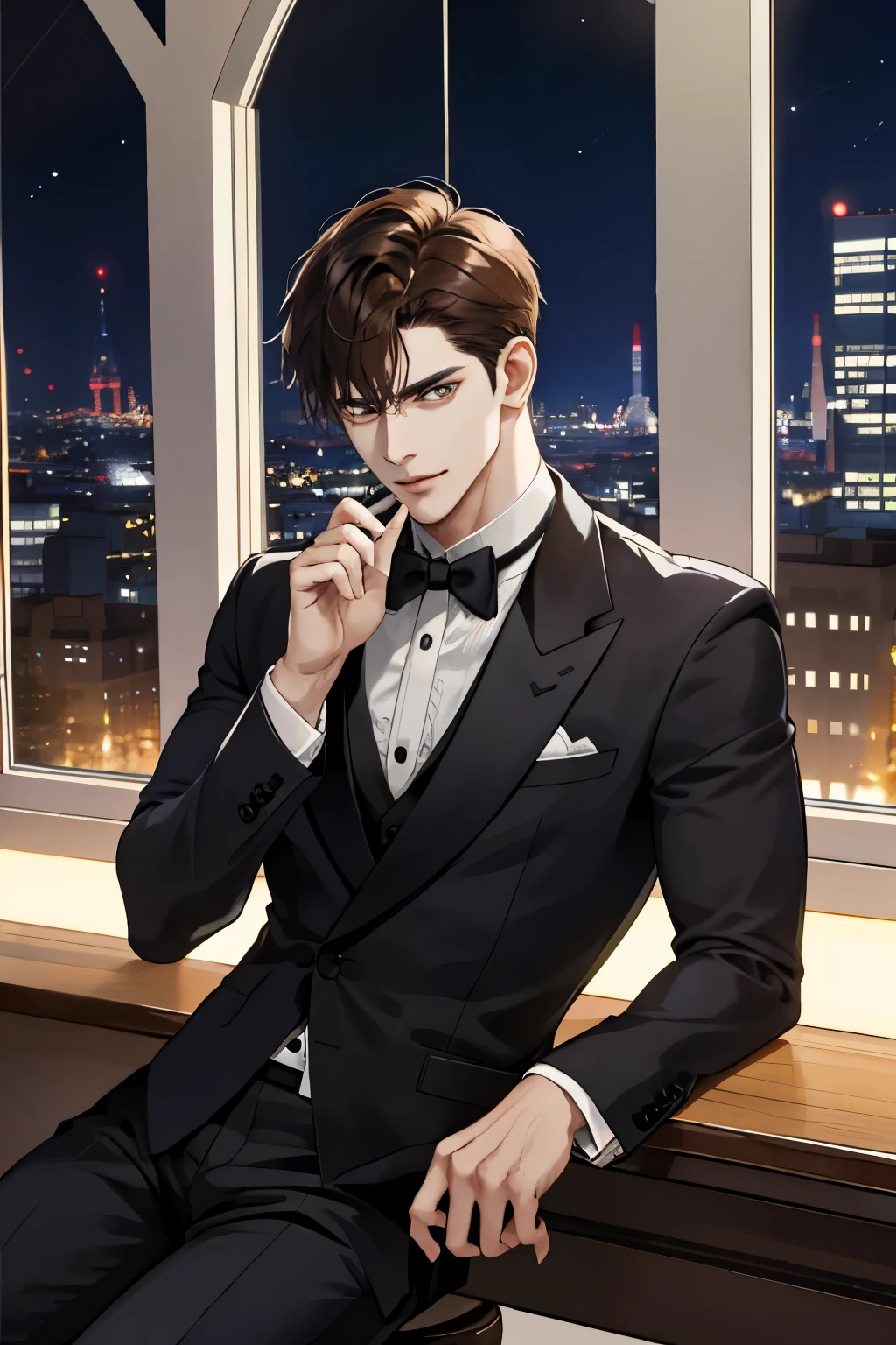 (hoang lap, k hd, ultra - detailed), (1male people, Single, AS-Adult, mature:1.4, Idade:1.4, young, Tall muscular man, Handsome), Very short hair, brunette color hair, Hair oil, with brown eye,(Pointed chin:1.4,Thick neck:1.4,),Break,Night,Dark,Look at the night view of the city through the large window,formal outfit,tiese,full bodyesbian,