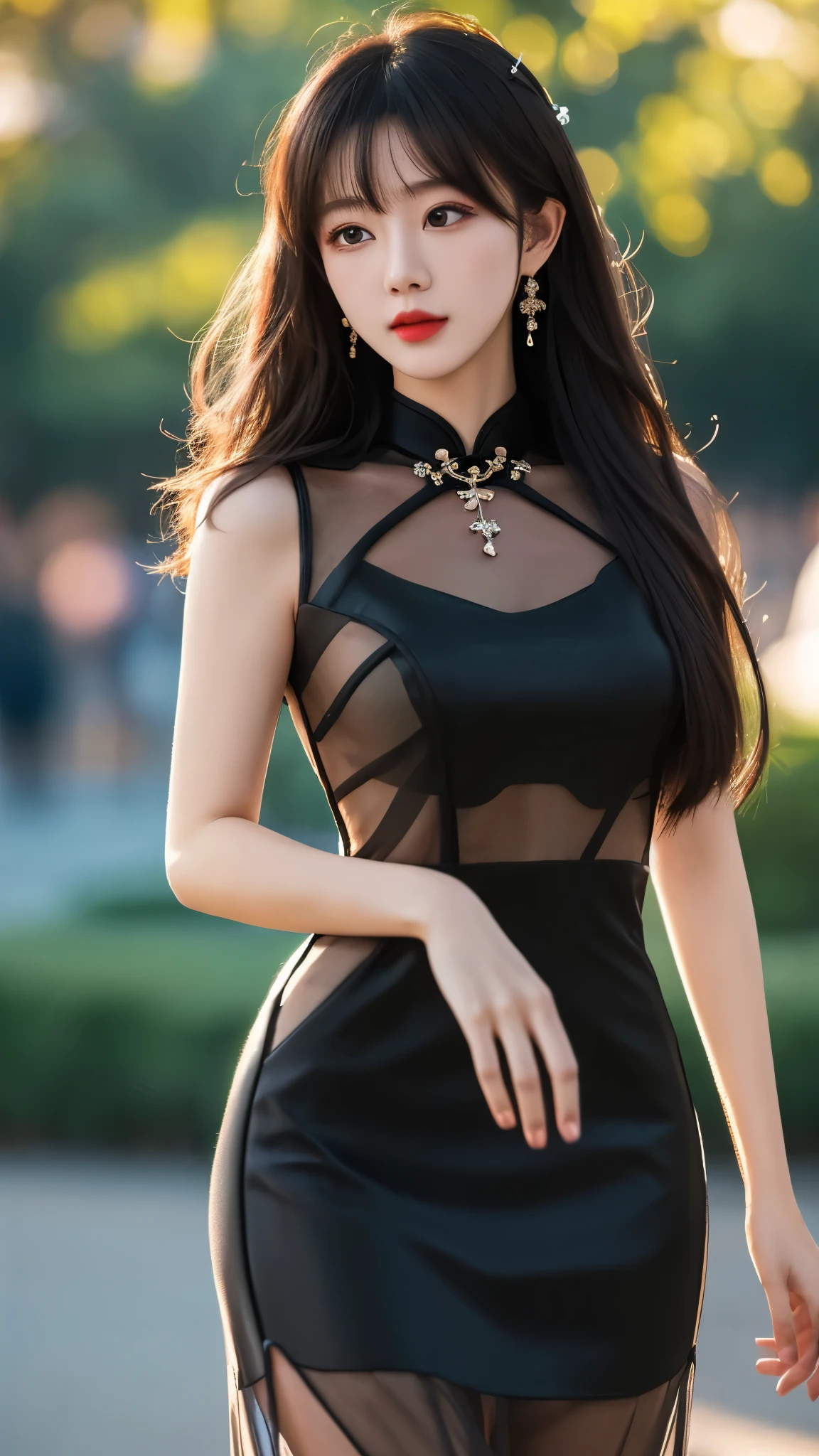 Top Quality, Masterpiece, High Resolution, 1girl, Cheongsam, very long hair, Hair Ornament, Necklace, Jewelry, Beautiful Face, upon_body, Tyndall Effect, Rim Lighting, Two-Tone Lighting, (High Detail Skin: 1.2), 8K UHD, DSLR, Soft Lighting, High Quality, Volumetric Lighting, Candid, Photography, High Resolution, 4K, 8K, Bokeh, magenta Hair, (Transparent dress:1.4), magenta dress, in the park,