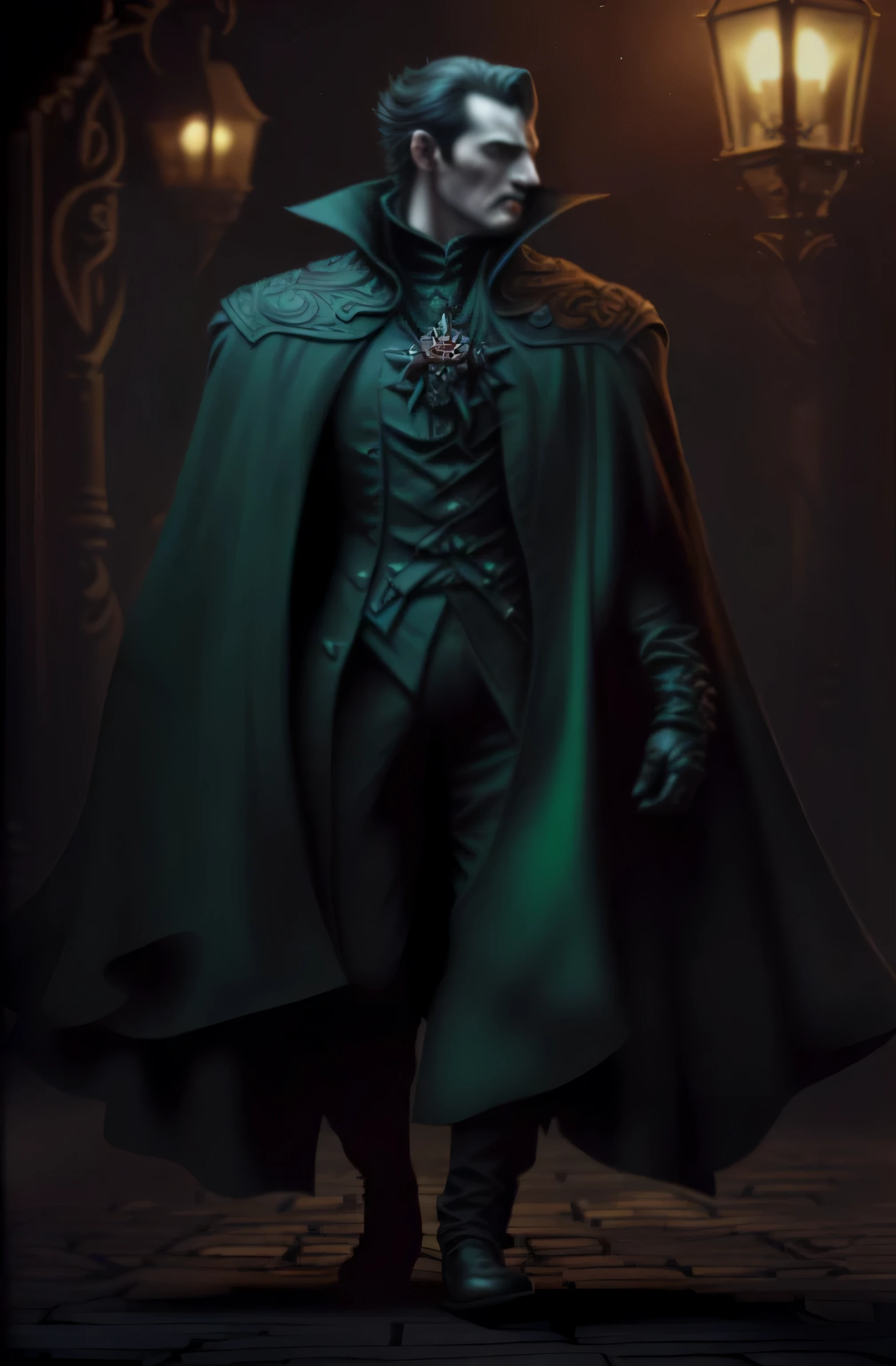 a man in a green cloak and black gloves standing in a dark room, dark fantasy character design, dark green cloak, dark cloaked necromancer, ornate dark green clothing, green cloak, cloak. extremely high details, tom hiddleston as count dracula, with a green cloak, portrait of a bloodborne hunter, fantasy ttrpg villain, portrait of fin wildcloak, a man with black gloves, vampire lord, portrait of a , count dracula, raymond swanland style, sinister professor portrait, dark fantasy concept art, guillem h. pongiluppi, male vampire from the banu haqim clan, vampire portrait, a close-up of a vampire with blood on his face, count dracula, vampire portrait, male vampire, old male vampire, scary vampire, lord vampire, victorian vampire, dracula, Portrait of a vampire, vampire fantasy, dark fantasy horror art, horror fantasy art, dark vampire, fantasy horror art, handsome male vampire
