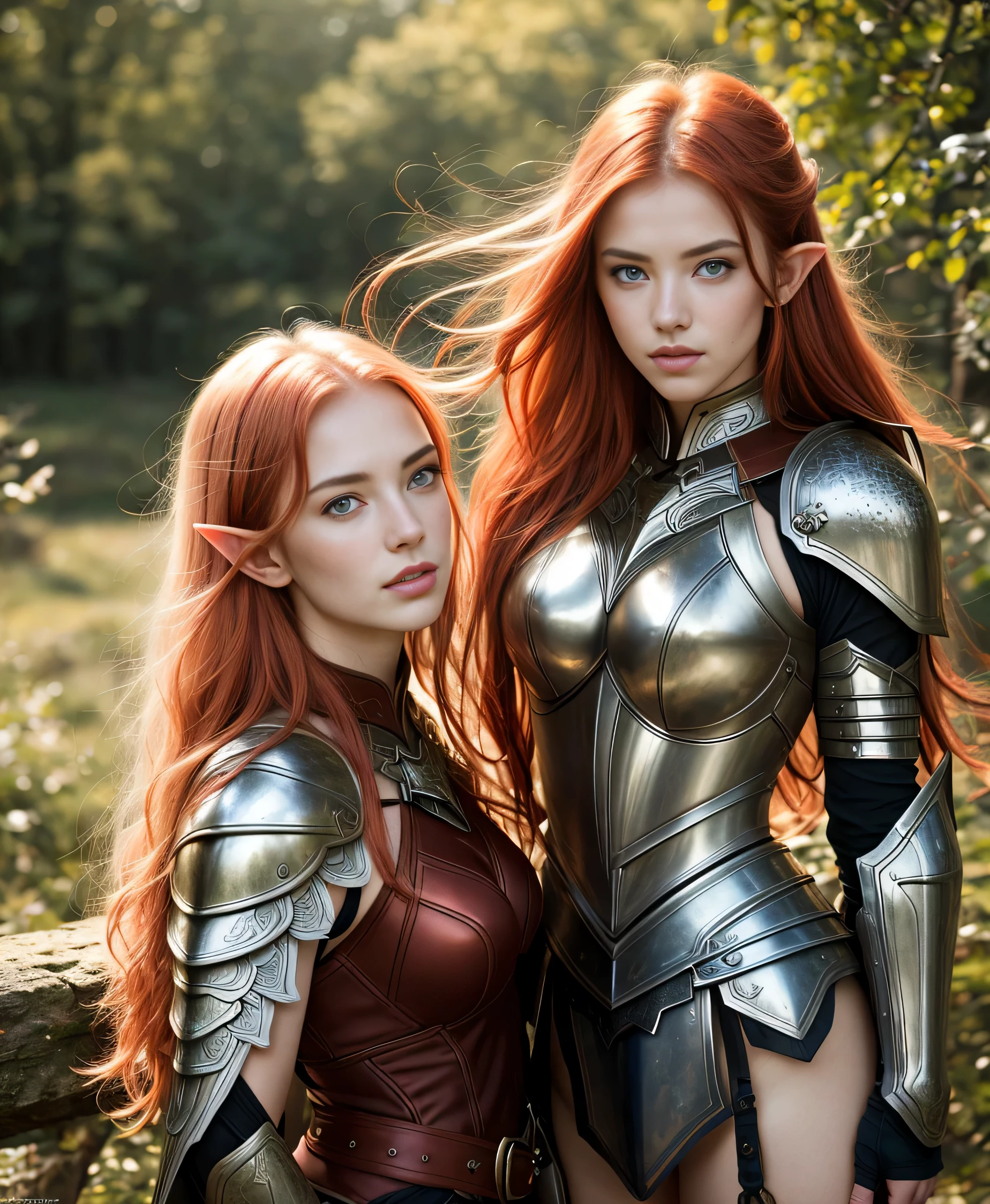 Masterpiece, a beautiful female elf knight (Nata Lee), bright eyes, red hair, broad shoulders, strong body, high detail pale skin with light freckles, high detail filigree armor, outside, (skin texture:1.1), best quality, ultra high res, Raw photo, Nikon D850, backlight, rimlight, bright sunlight, film grain:1.2, (warm hue, warm tone:1.2), (color photo), fantasy landscape background