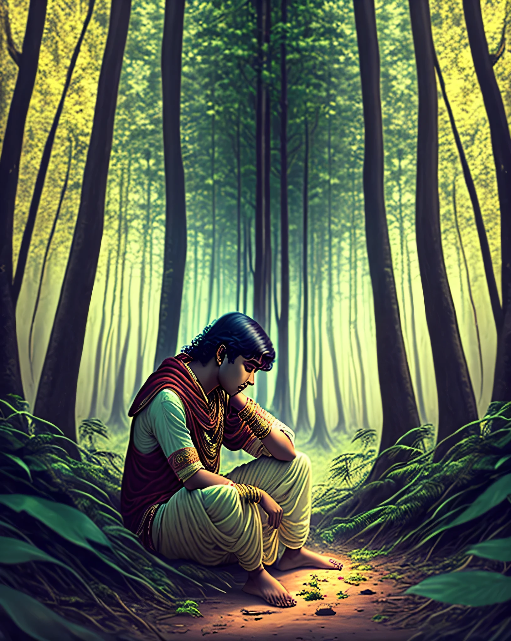 A young Krishna sitting Al alone in a forest waiting for his love 4k