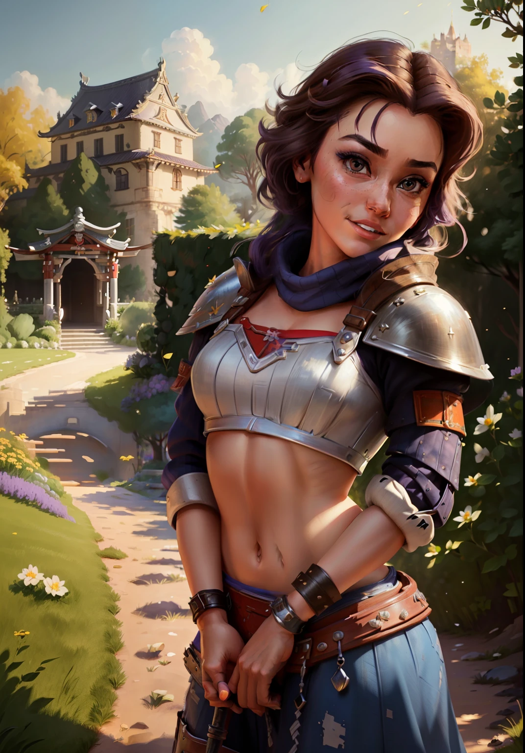 (BelleWaifu:1), (knight's armor:0.3), the garden in the background, surprised, cute, cute pose, (flirting), looking at the viewer, (square hairstyle), (purple hair), (metal knight crop top on naked body in the style of samurai:1.3), :D, (realistic: 1), (cartoon), (masterpiece: 1.2), (best quality), (over-detailed), (8k, 4k, intricate), (full-length shot: 1), (cowboy shot: 1.2), (85mm), light particles, lighting, (very detailed: 1.2), (detailed face: 1), (gradients), sfw, colorful, (detailed eyes: 1.2), (detailed landscape, trees, garden, castle:1.2),(detailed background), detailed landscape, (dynamic angle:1.2), (dynamic pose:1.2), (rule third_composition:1.3), (line of action:1.2), wide view, daylight, solo
