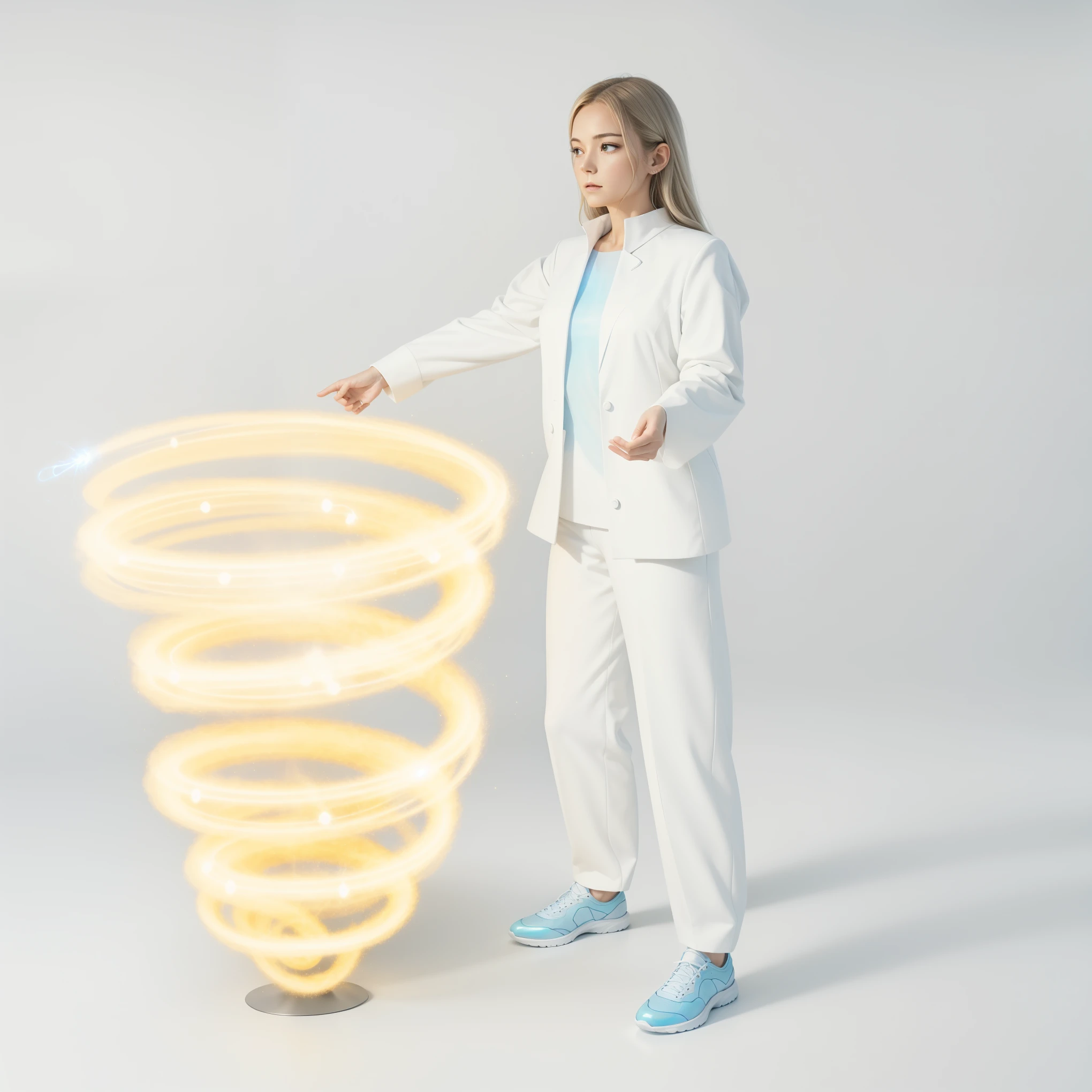 woman in white suit and light blue shirt standing in front of a spiral, a woman holding an orb, hologram hovering around her, full body with dynamic pose, t-pose of wizard, lightning electricity coil, swirling vortex of energy, ethereal hologram center, white glowing aura, powering up aura, electricity aura, twisted energy flow, wearing futuristic white suit