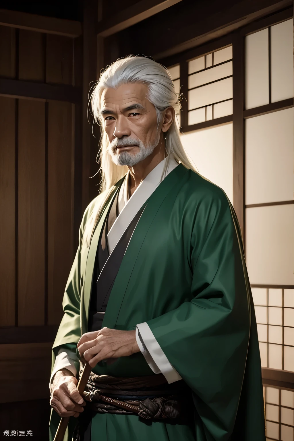 8K,Wearing a green and black Japanese kimono、白いひげを生やしたmuscular slim bodyの老人男性, style sacristy water, tie long white hair back,close-up character portrait, low length,muscular slim body,Stanley Artgerm Rau, wearing old samurai clothes, masterpiece,Photorealistic RAW photos of the highest quality。bright colors,rich colors, Backlight, cinematic lighting, film grain, to be born, 50mm lens, Nikon D850,detailed character art,fantasy art,ultra high resolution,super realistic skin,perfect hand shape,wasteland,smile,very old man(80 years old),
