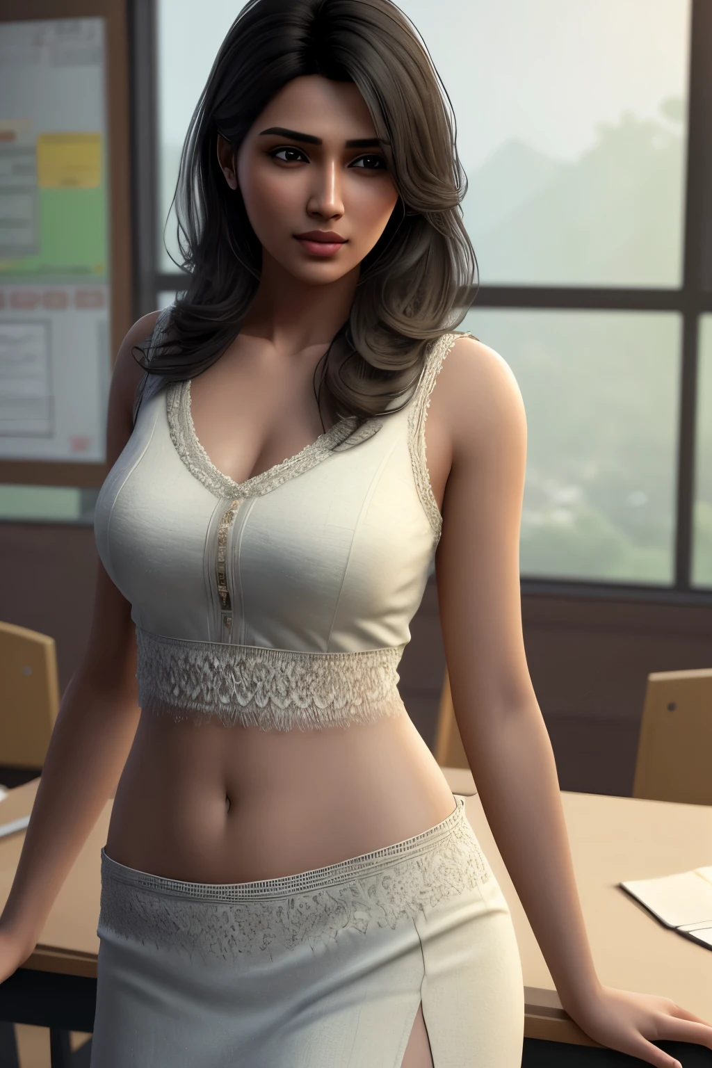 beautiful mature Indian 25 year old girl, wearing a teaching outfit, in a classroom setting, captivating gaze, sensual pose, delicate lace details, photorealistic, photo, masterpiece, realistic, realism, photorealism, high contrast, photorealistic digital art trending on Artstation 8k HD high definition detailed realistic, detailed, skin texture, hyper detailed, realistic skin texture, armature, best quality, ultra high res, (photorealistic:1.4), high resolution, detailed, f1.6 lens rich colors hyper realistic lifelike texture dramatic lighting unrealengine.