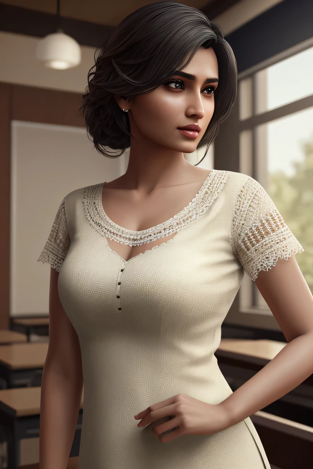 beautiful mature Indian 25 year old girl, wearing a teaching outfit, in a classroom setting, captivating gaze, sensual pose, delicate lace details, photorealistic, photo, masterpiece, realistic, realism, photorealism, high contrast, photorealistic digital art trending on Artstation 8k HD high definition detailed realistic, detailed, skin texture, hyper detailed, realistic skin texture, armature, best quality, ultra high res, (photorealistic:1.4), high resolution, detailed, f1.6 lens rich colors hyper realistic lifelike texture dramatic lighting unrealengine.