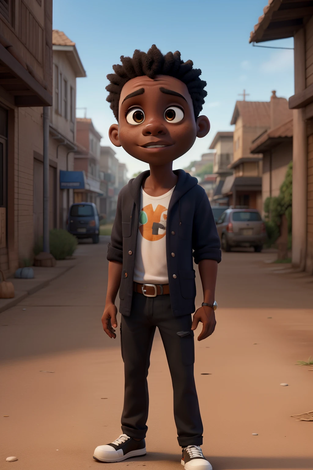 Uma mulher negra com um homem negro numa zona urbana,gritanto na cara de um garoto com olhos vermelhos com camisa branca escrito Cleywave, pixar, 3D, Disney
