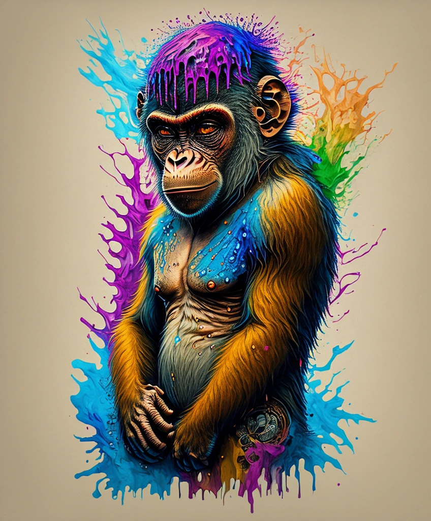 (a portrait of Cyberpunk Monkey with colored fluid), T-shirt logo in tapered thin outline style, spell view, artwork in (empty background:1.4)