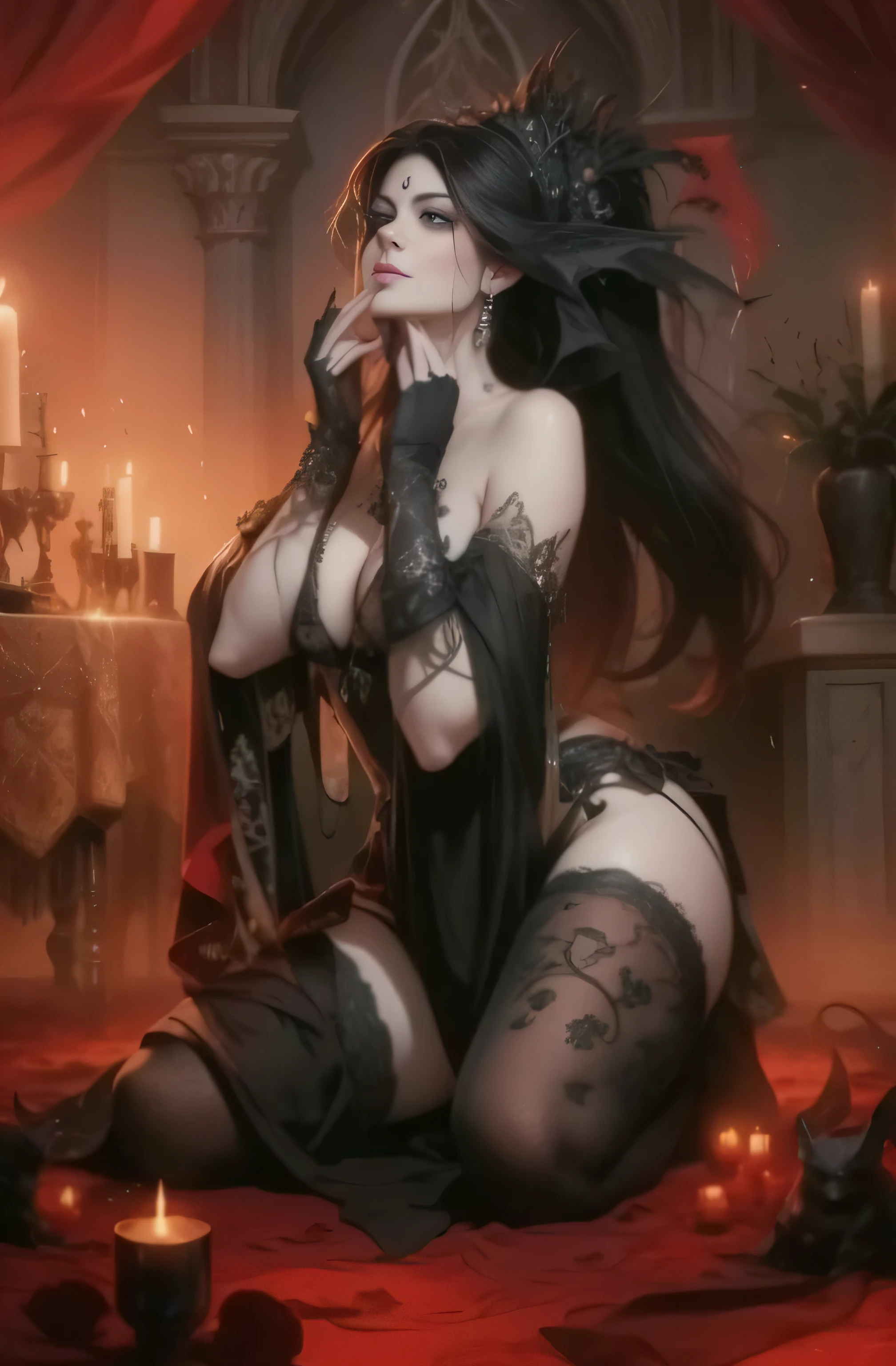 a close up of a woman sitting on a floor with a candle, gothic fantasy art, beautiful elegant demon queen, beautiful succubus, dark fantasy art, dark fantasy style art, gothic fantasy, fantasy dark art, in style of dark fantasy art, beautiful vampire queen, succubuedieval, gothic maiden, gothic art, gothic maiden of the dark, beautiful sorceress, a woman sitting on the floor, gothic fantasy art, dark fantasy art, succubuedieval, dark fantasy style art, in the style of dark fantasy art, dark fantasy horror art, fantasy woman, ((best quality)) , ((masterpiece)), (detailed), ((A VAMPIRE GIRL)), ((PERFECT FACE)), ((PERFECT BODY)), ((PERFECT HAND)), ((PERFECT EAR)), ( (PERFECT NOSE)), ((perfect mouth)), ((THIN)) ((RED HAIR)), ((HUGE FANS)), ((PERFECT BROWN EYES)), ((LOOK, SEDUCTIVE)) night