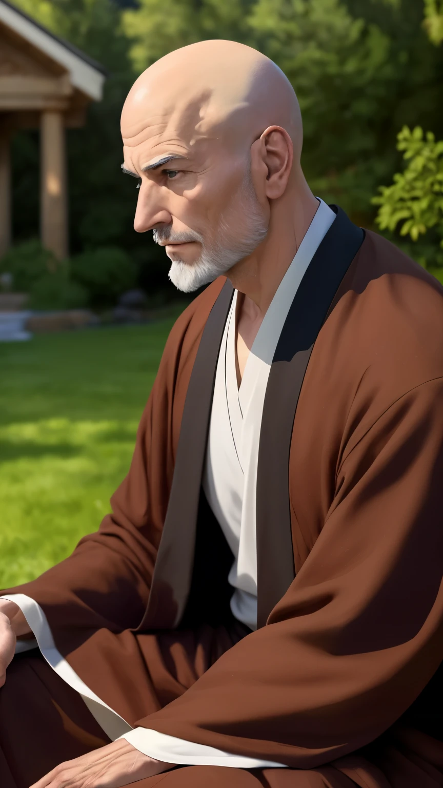 Create a masterpiece of exceptional quality, captured in 8K resolution for ultimate detail and clarity. Depict a handsome man with a bald head, exuding a peaceful expression that reveals his spiritual aura and inner peace. Dressed in a brown robe, his calm eyes gaze off into the distance, conveying a sense of tranquility and solitude. His aged appearance adds wisdom and depth to the image, while his gentle demeanor and meditative pose further emphasize his spiritual enlightenment.

The scene unfolds in a serene outdoor setting, bathed in soft lighting that highlights the natural surroundings. Subtle shadows add depth and dimension to the image, while minimalistic background elements maintain the focus on the