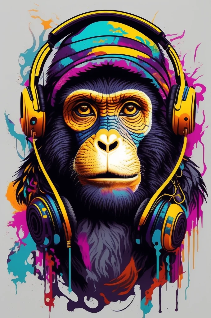 um macaco com fones de ouvido e um fundo respingado de tinta, macaco entediado nft, extremely high quality artwork, arte de alta qualidade, inspirado em Alex Petruk APe, psychedelic hip-hop, macaco entediado, psychedelic hip hop, Assunto= chimp, vibing to music, psychedelic art style, macaco, Directed by: Alex Petruk APe, psychedelic style, pintura animal