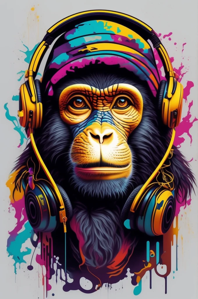 um macaco com fones de ouvido e um fundo respingado de tinta, macaco entediado nft, extremely high quality artwork, arte de alta qualidade, inspirado em Alex Petruk APe, psychedelic hip-hop, macaco entediado, psychedelic hip hop, Assunto= chimp, vibing to music, psychedelic art style, macaco, Directed by: Alex Petruk APe, psychedelic style, pintura animal
