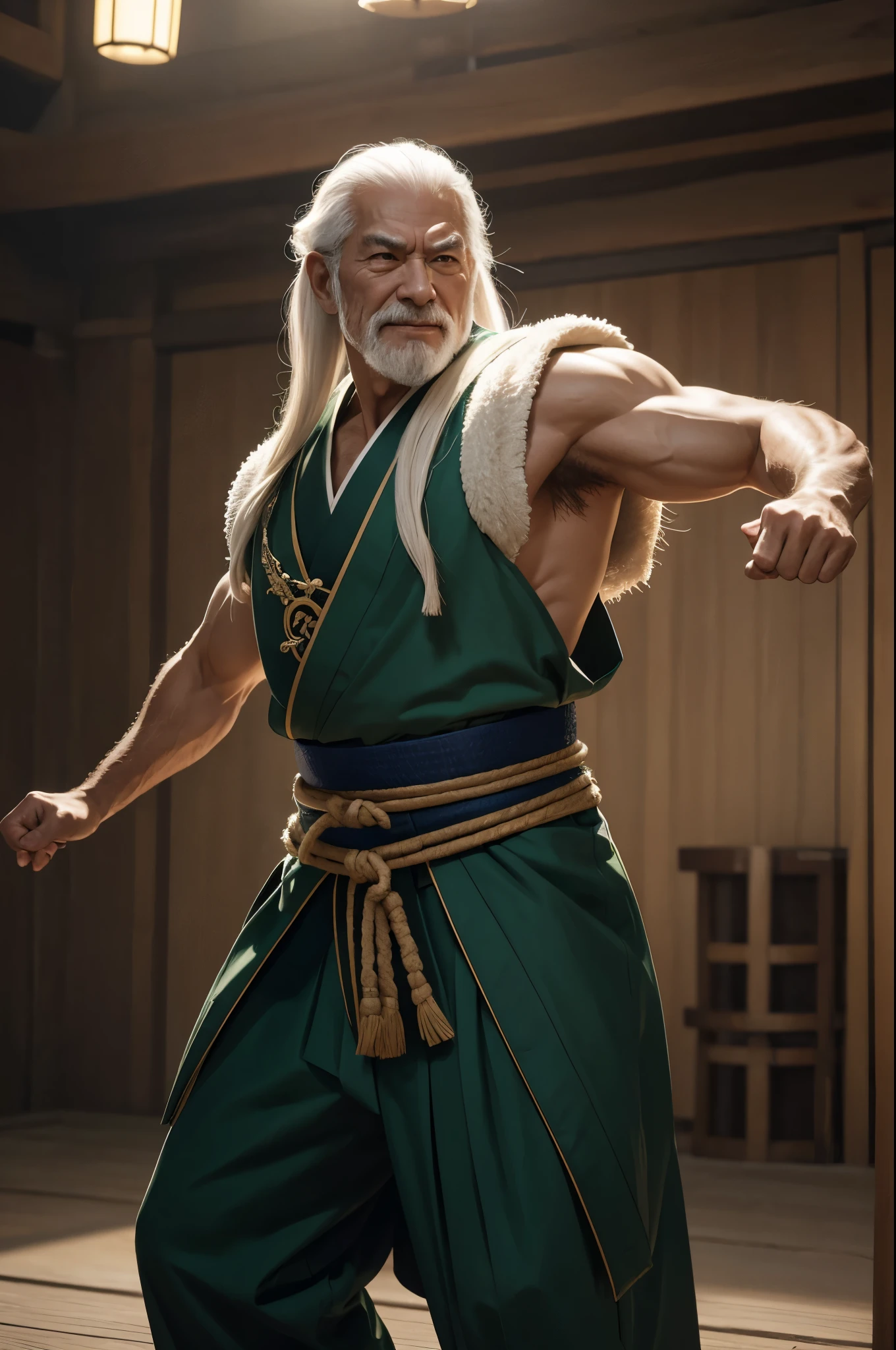 Photographic, highly detailed, realistic. Indigenous Malay. An old man in rural Malaysia, a farmer with wisdom. He wears a traditional sarong. shirtless, and his eyes are kind but tired.