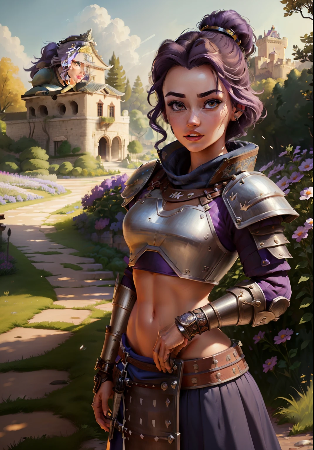(BelleWaifu:1), (knight's armor:0.3), the garden in the background, surprised, cute, cute pose, (flirting), looking at the viewer, (square hairstyle), (purple hair), (metal knight crop top on naked body in the style of samurai:1.3), :D, (realistic: 1), (cartoon), (masterpiece: 1.2), (best quality), (over-detailed), (8k, 4k, intricate), (full-length shot: 1), (cowboy shot: 1.2), (85mm), light particles, lighting, (very detailed: 1.2), (detailed face: 1), (gradients), sfw, colorful, (detailed eyes: 1.2), (detailed landscape, trees, garden, castle:1.2),(detailed background), detailed landscape, (dynamic angle:1.2), (dynamic pose:1.2), (rule third_composition:1.3), (line of action:1.2), wide view, daylight, solo
