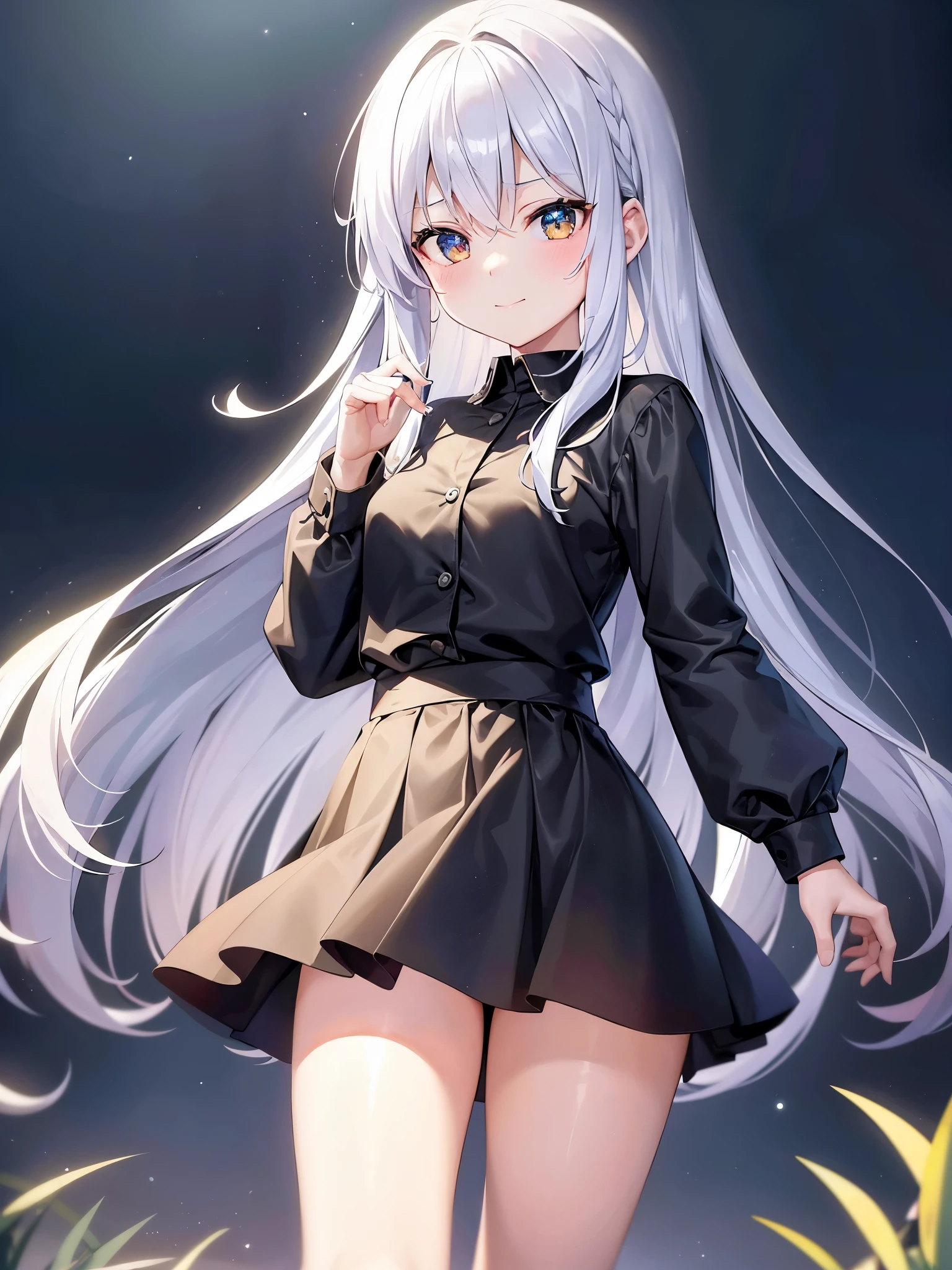 girl with white hair, 7 ,;;;;;;;;, golden eyes, long hair,Green braid tied in bows left and right........,, Wear a black shirt..  Black super short skirt, walking on grass...With a slightly smiling face.................