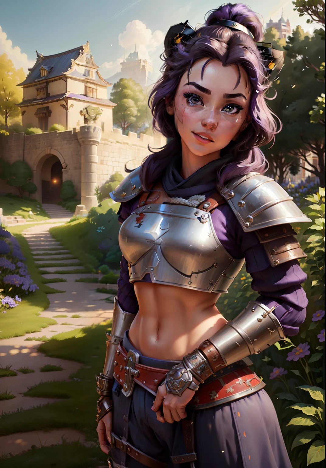 (BelleWaifu:1), (knight's armor:0.3), the garden in the background, surprised, cute, cute pose, (flirting), looking at the viewer, (square hairstyle), (purple hair), (metal knight crop top on naked body in the style of samurai:1.3), :D, (realistic: 1), (cartoon), (masterpiece: 1.2), (best quality), (over-detailed), (8k, 4k, intricate), (full-length shot: 1), (cowboy shot: 1.2), (85mm), light particles, lighting, (very detailed: 1.2), (detailed face: 1), (gradients), sfw, colorful, (detailed eyes: 1.2), (detailed landscape, trees, garden, castle:1.2),(detailed background), detailed landscape, (dynamic angle:1.2), (dynamic pose:1.2), (rule third_composition:1.3), (line of action:1.2), wide view, daylight, solo
