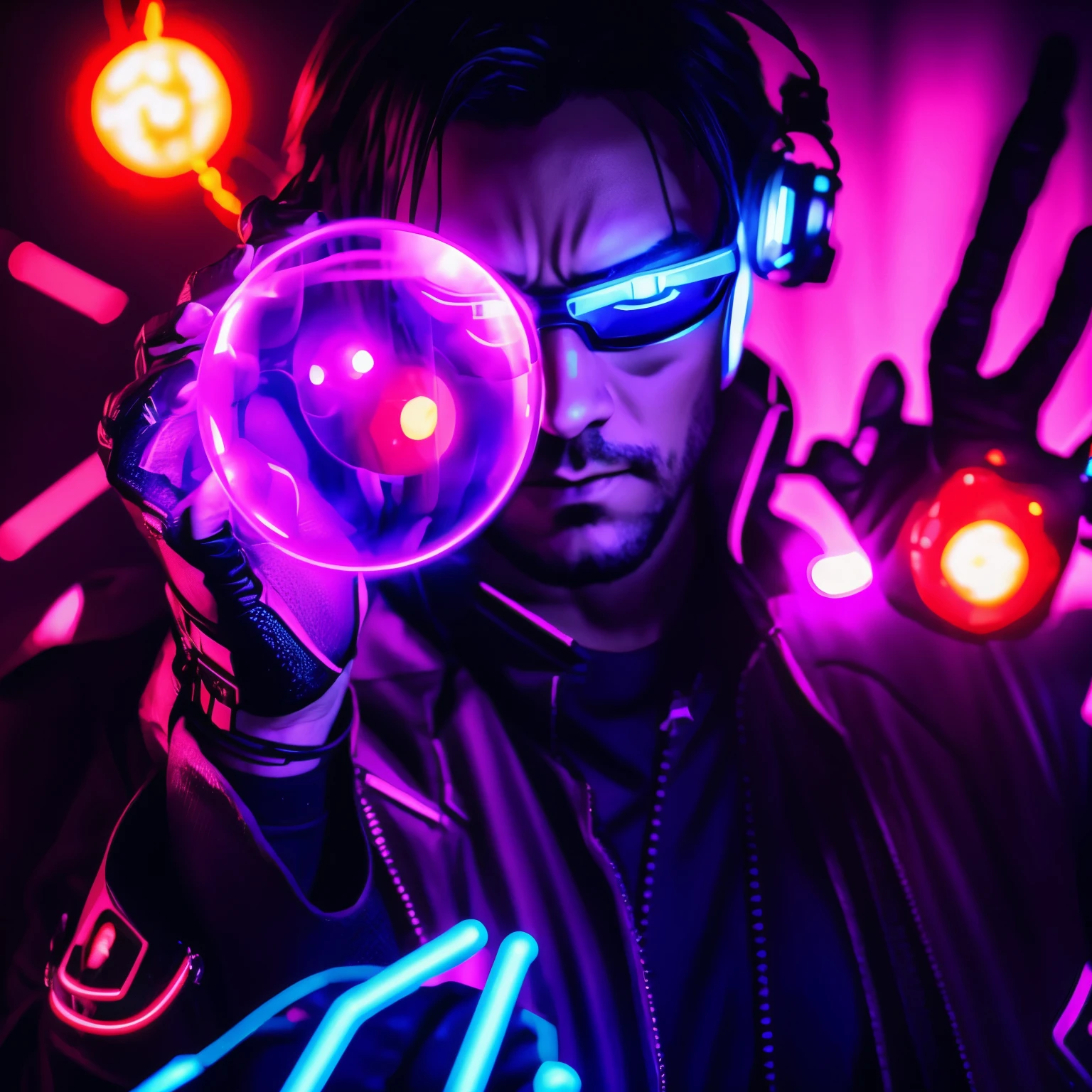 neon purple fireball levitates in hands of cyberpunk hero character