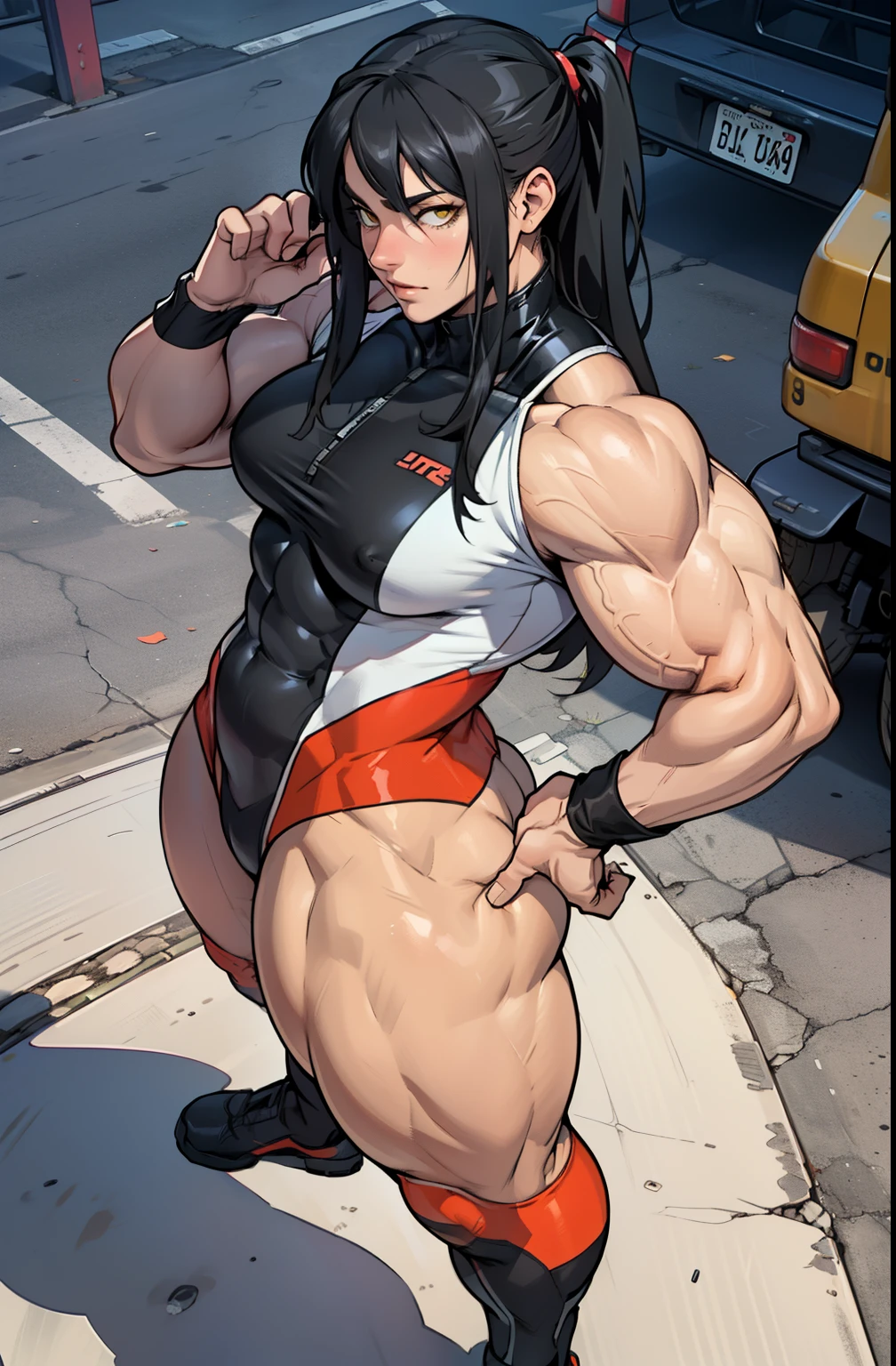 best quality (((((girl muscular thick thighs))))) (full bodysuit cowboy-shot from behind from above) pale skin black hair yellow eyes very long hair big ass