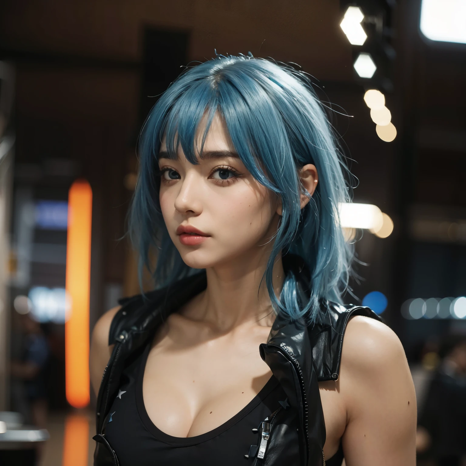 araffe com cabelo azul and black top standing in a room, pretty girl com cabelo azul, garota de realistica na vida real, girl com cabelo azul, lindo rosto de garota punkrock, linda garota de cabelo azul, beautiful woman com cabelo azul, mulher de cabelo azul curto, 8k art german bokeh, retrato de mulher anime, retrato suave fotografado em 8k, com cabelo azul, usando bikini de praia bem sexy e seios medianos