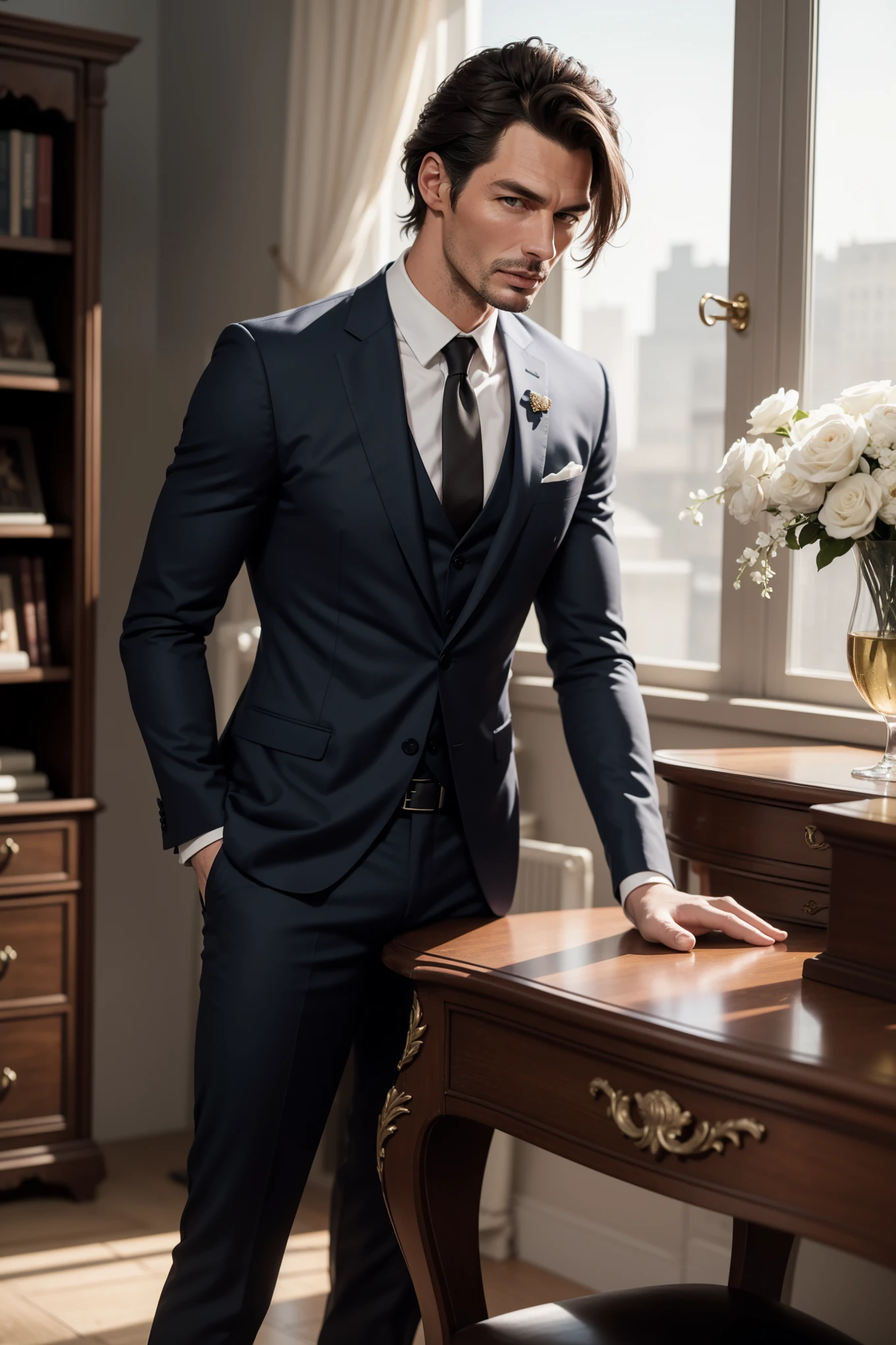 European Man (40 years), appearance David Gandy in a suit, rests his hand on the table