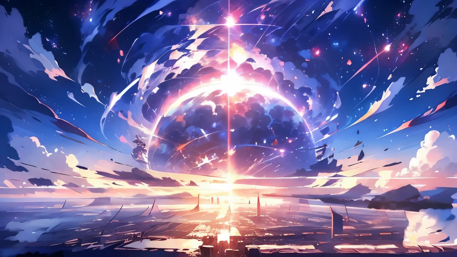 anime - style scene of a beautiful sky with a star and a planet, on a abandoned city on the sea,cosmic skies. by makoto shinkai, anime art wallpaper 4k, anime art wallpaper 4 k, anime art wallpaper 8 k, anime wallpaper 4k, anime wallpaper 4 k, 4k anime wallpaper, anime sky, amazing wallpaper, anime background, heaven planet in background, anime background art