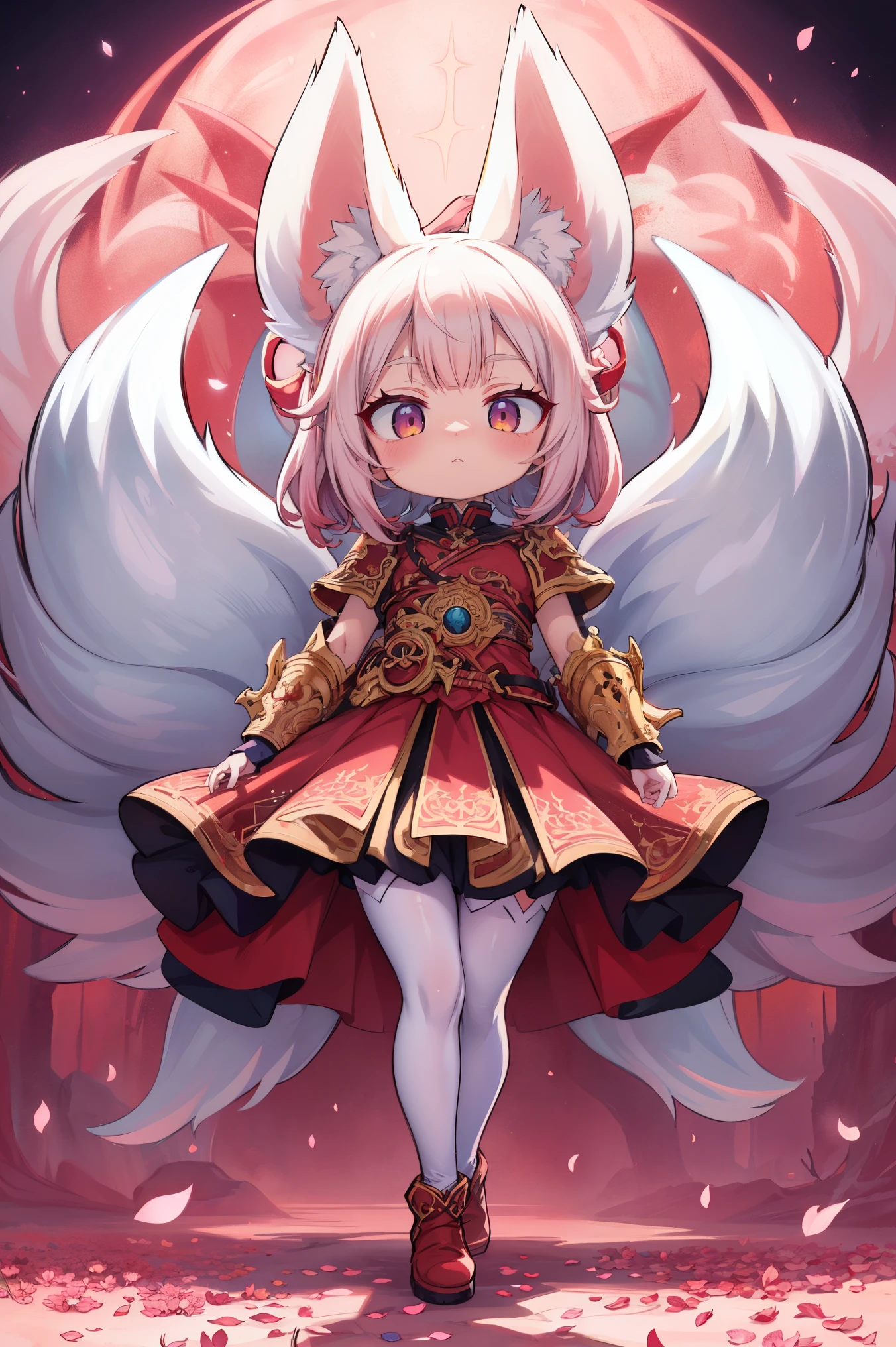 masterpiece, fantasy, best quality, anime style, wide-angle, full-body shot, front view, Tera Elin, an anime girl in a red dress and red boots, Sakura Kinomoto, Sakura petals around her, kitsune-inspired armor, crimson-themed, white, and red armor, spellcasting pose, fantasy outfit, yellow/golden short hair color, white tights, green glowing eyes, Sakura season, dynamic lighting, highly detailed anime, Anime Style, Manga Style, Hand drawn, cinematic, sensual, Sharp focus, humorous illustration, concept art, Vivid colors, Intricate, Vibrant colors, Soft Shading, Sharp Angles, Playful
