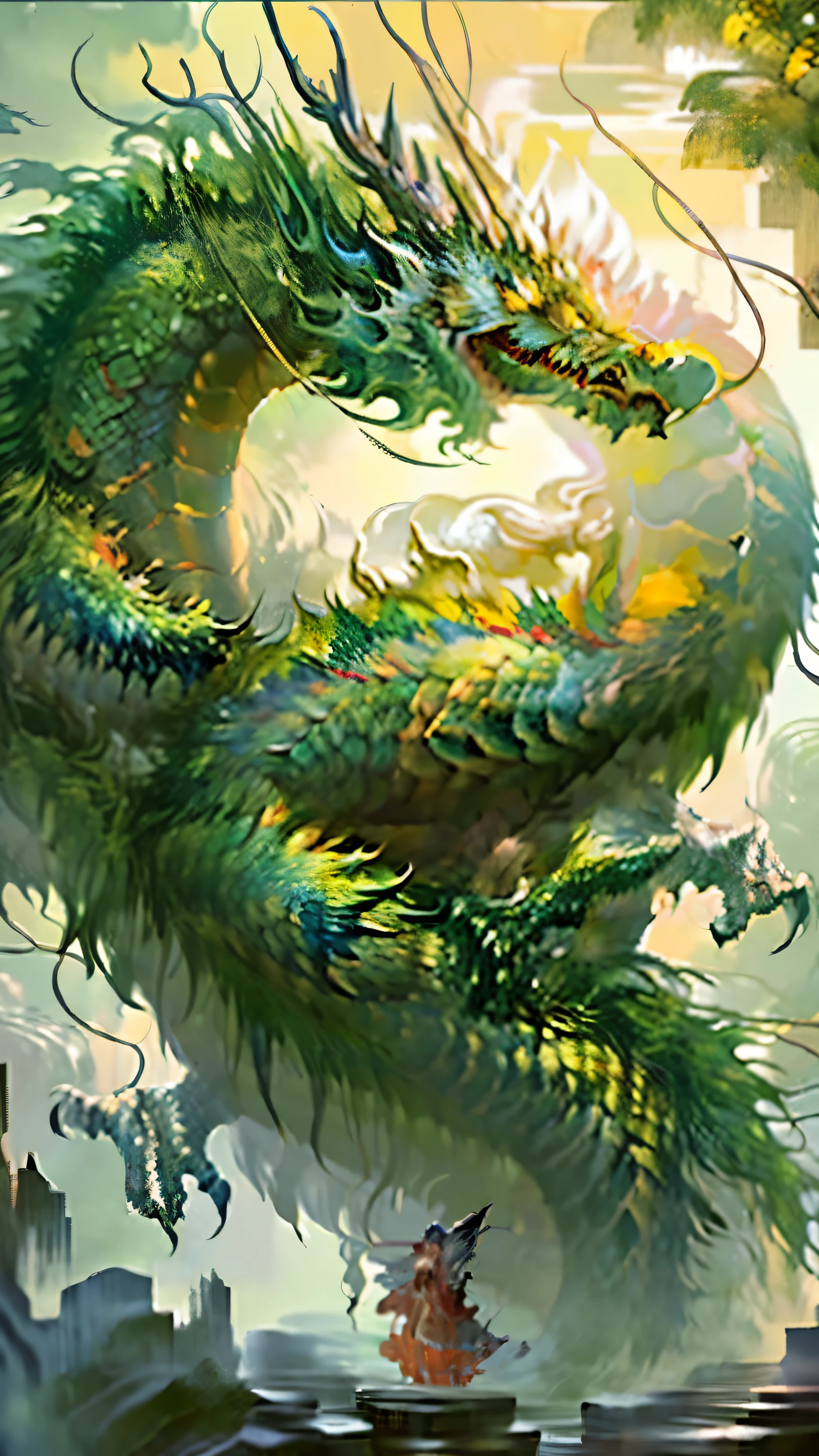 a majestic green dragon that appears to be woven from an array of vibrant green leaves, each leaf meticulously detailed to showcase its unique texture and luster under the soft glow of dawn. Seus olhos brilham intensamente, vermelho flamejante, Breaking through the mist that envelops the enchanted forest she calls home. The dragon&#39;s scales shine as if kissed by dew, refletindo a primeira luz do dia, criando um jogo hipnotizante de luz e sombra. The bottom is dense, floresta antiga, with trees that rise to the sky, seus galhos e folhas criando uma copa exuberante acima. A mystical light filters through the foliage, casting dappled shadows and highlighting the intricate details of the dragon&#39;s leafy form. O estilo de arte deve lembrar a era do romantismo, with an emphasis on emotion, beleza da natureza, e um toque do sublime, usando pinceladas expressivas e uma rica, saturated color palette to evoke a sense of wonder and awe. Painting strives for ultra-high definition quality, capturing the enchanting atmosphere of the scene with cinematic lighting, sharp focus, and a depth of field that makes the dragon look like it could jump off the screen.