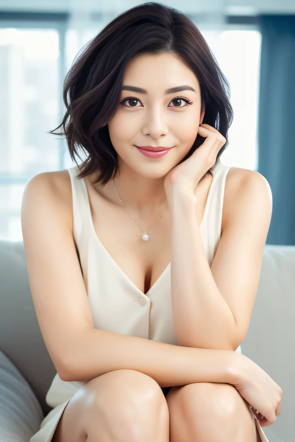 ((highest quality, 8k, masterpiece:1.3)), concentrate:1.2, perfect body beauty:1.4, buttocks:1.2, ((delicate short hair)), (JK suit:1.1) , Beautiful Korean girl with very fine face and skin texture., delicate eyes, double eyelid, whitened skin, smile, wearing a necklace, ring, sitting on the sofa in the background, upper body shooting, eye level photography, canon, stockings, big breasts