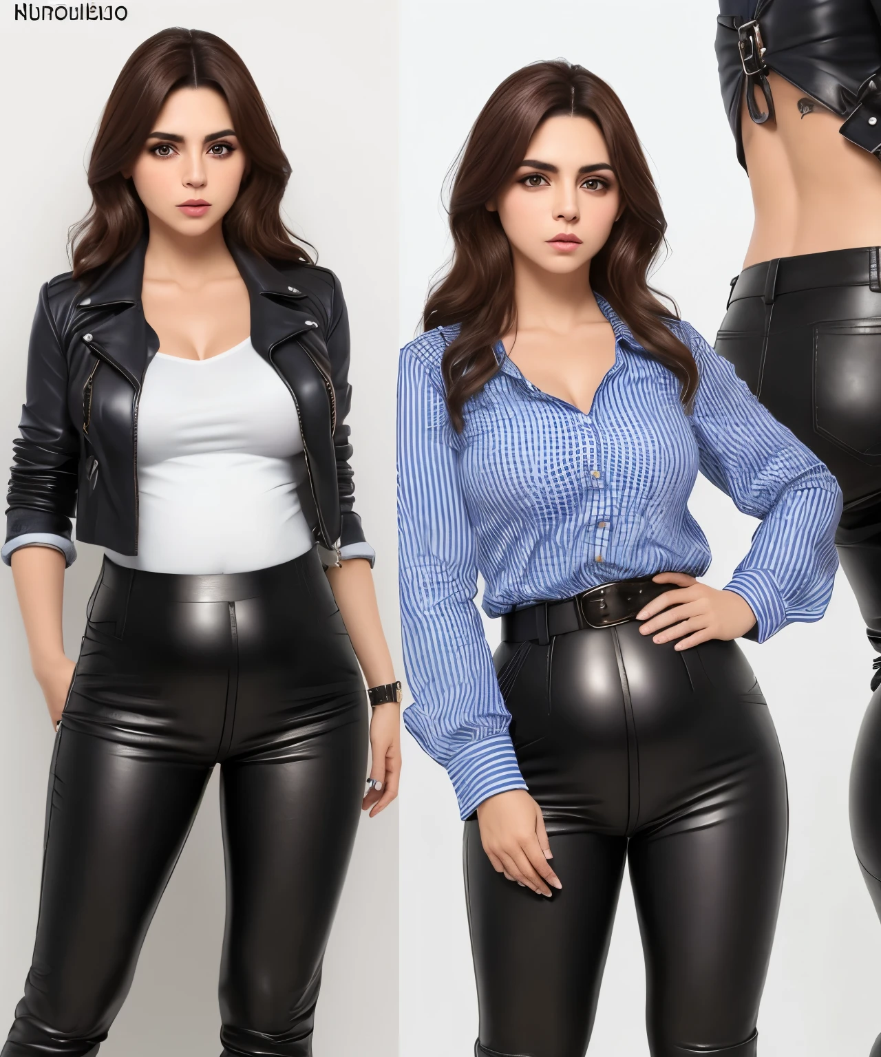 Mujer, embarazada, pelo rubio, ojos azules, cara juguetona y coqueteando , pecho copa D, con camisas de cuadros abierta, Tight leather trousers, y botas de vaquero